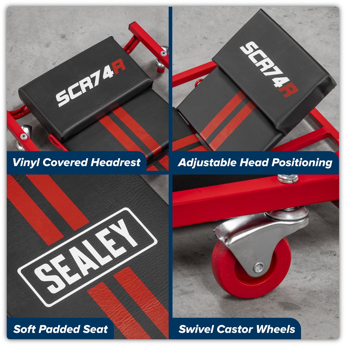 Sealey American-Style Deluxe Creeper with Steel Frame, 6 Wheels & Adjustable Headrest 40