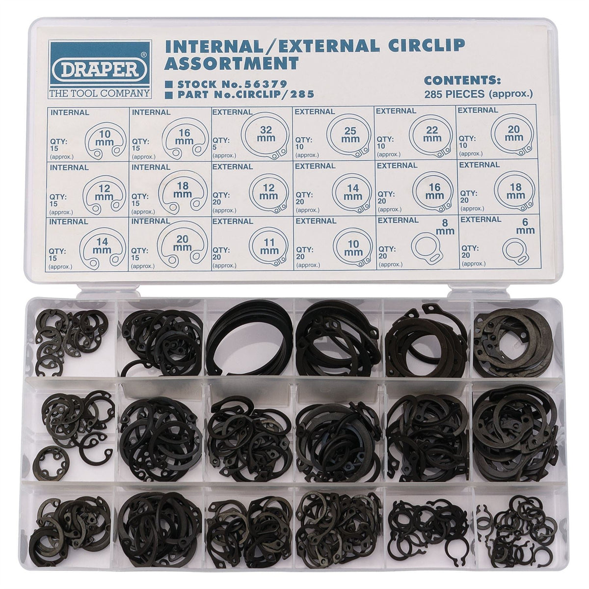 Draper Internal and External Circlip Assortment (285 Piece) 56379 White Rose Tools