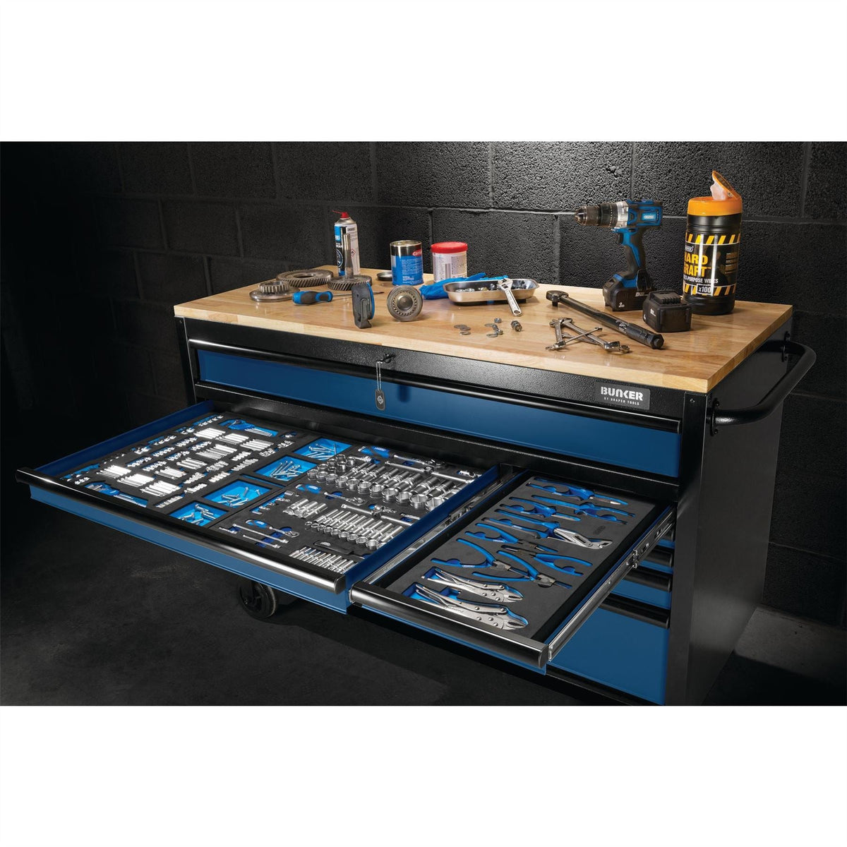BUNKER 10 Drawer Workbench Roller Tool Cabinet 56" Blue 27223 White Rose Tools