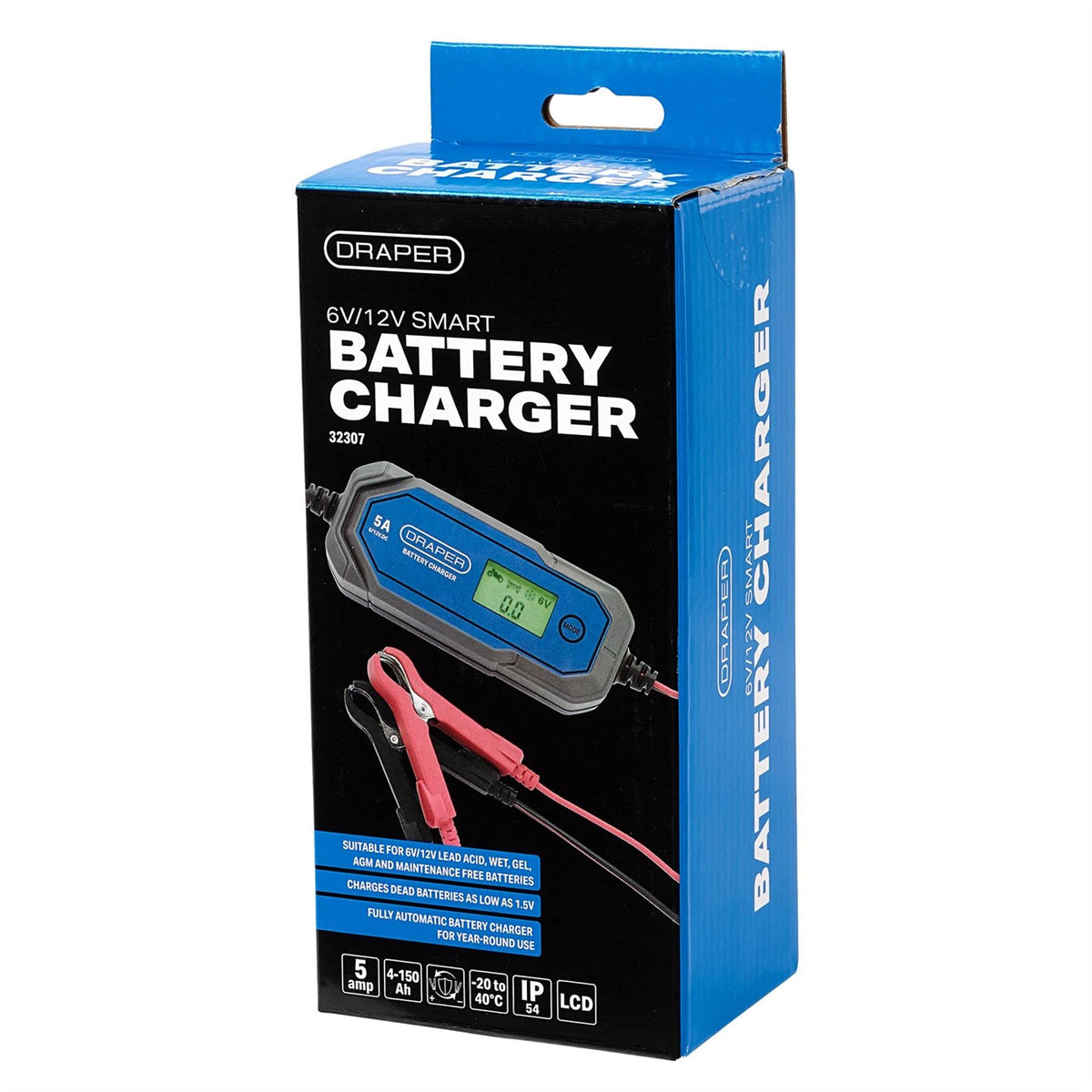 Draper 5A 6/12V Smart Battery Charger LCD 32307 White Rose Tools