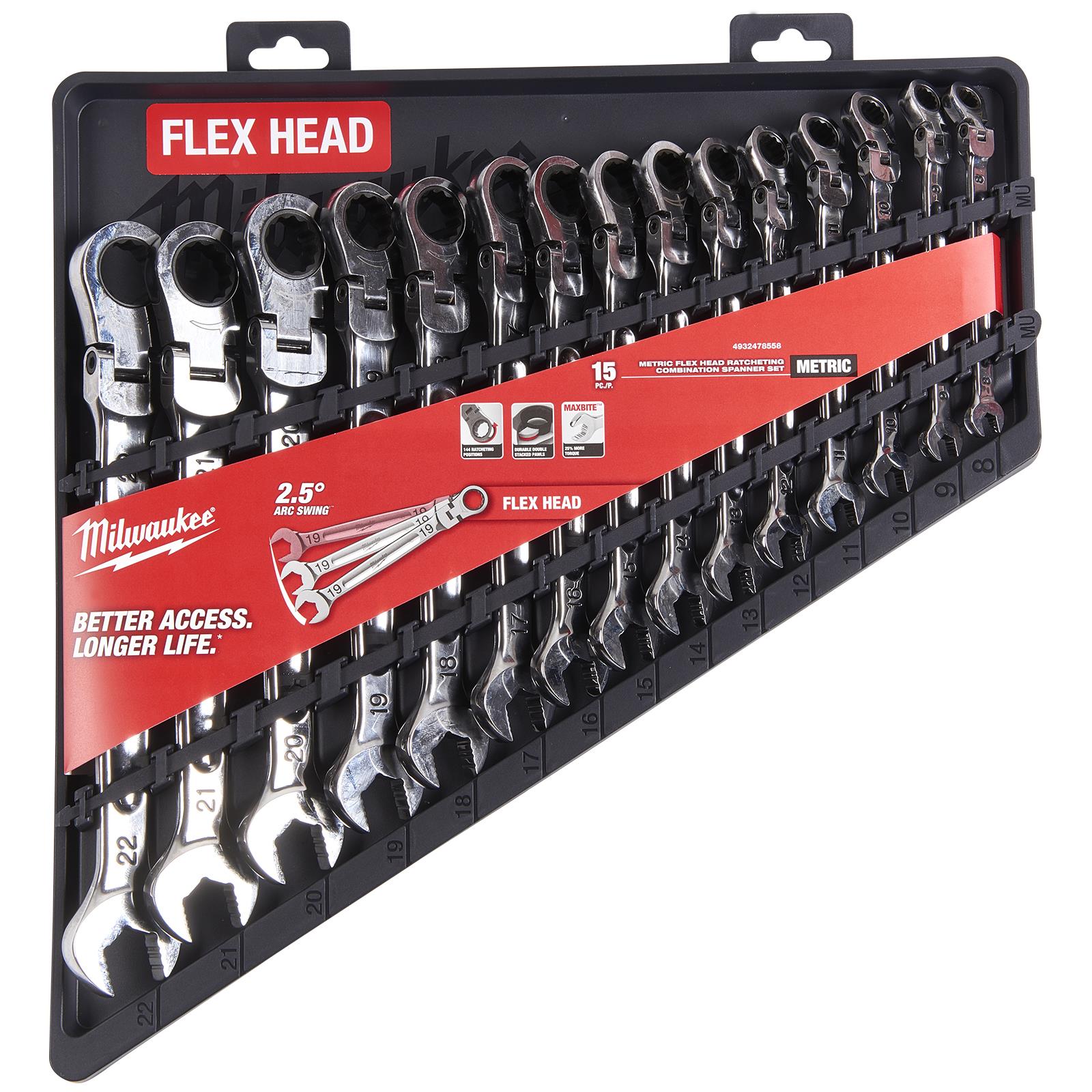 Milwaukee Ratchet Combination Spanner Set Flexi Head MAX BITE 15 Piece 8-22mm
