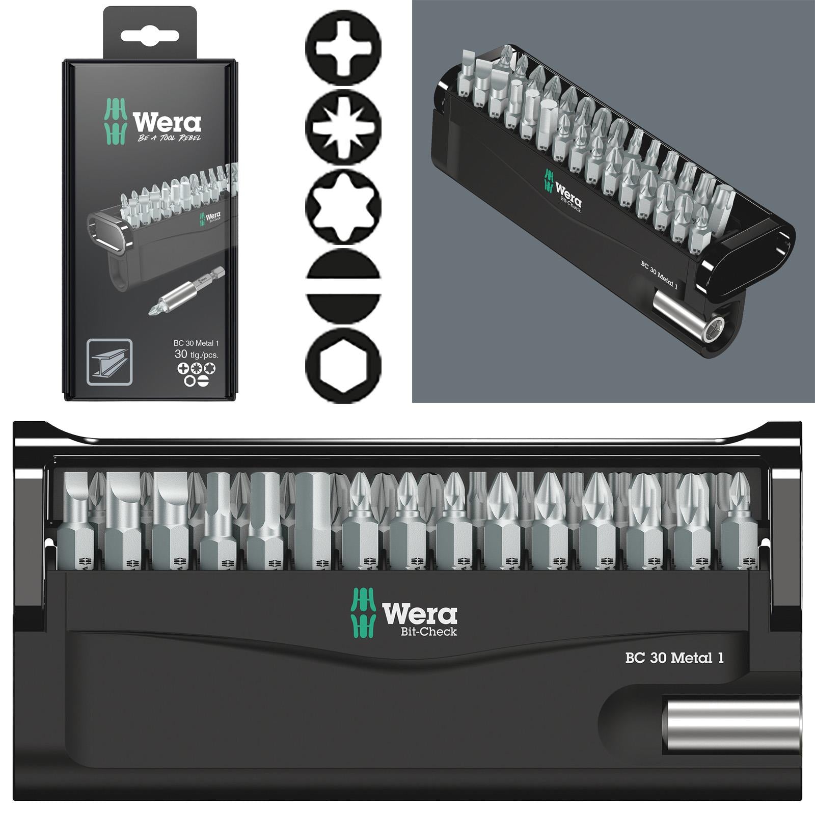 Wera Screwdriver Bit Set with Bit Holder Bit Check 30 Metal 1 SB 30 Pieces PH PZ TX SL Hex