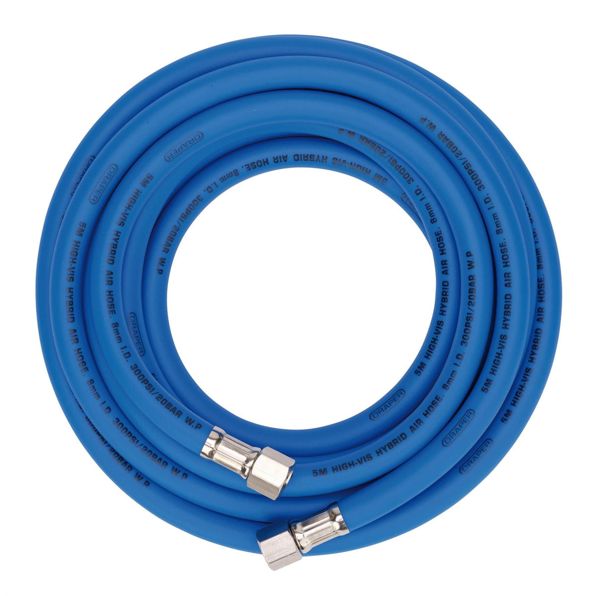 Draper High Visibility Hybrid Air Hose 5m x 8mm 1/4" BSP Blue 31733 White Rose Tools