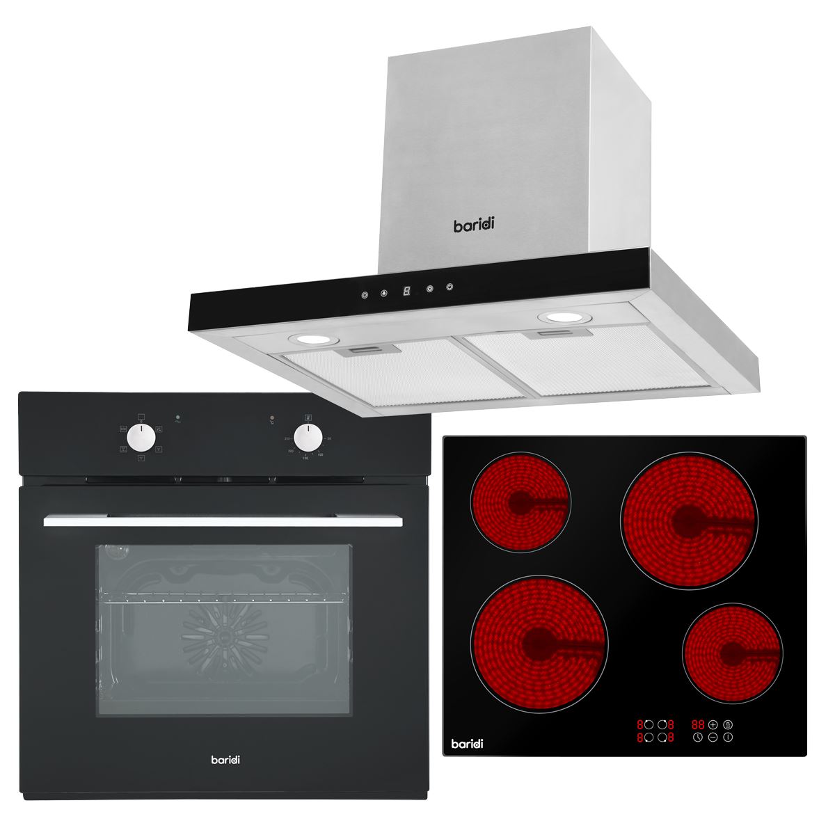 Baridi 4 Zone Ceramic Hob, 5-Function Fan-Assisted Oven & T-Shape Linear Cooker Hood White Rose Tools