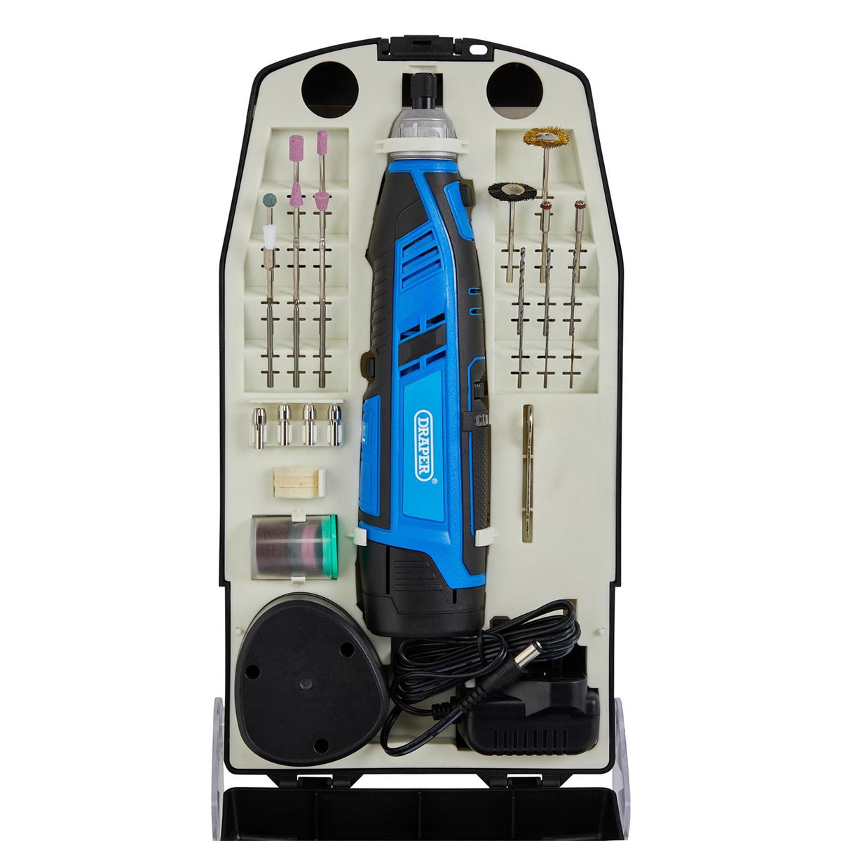 Draper 12V Rotary Multi-Tool Kit 1 x 1.5Ah Battery 1 x Fast Charger (50 Piece) 70298 White Rose Tools