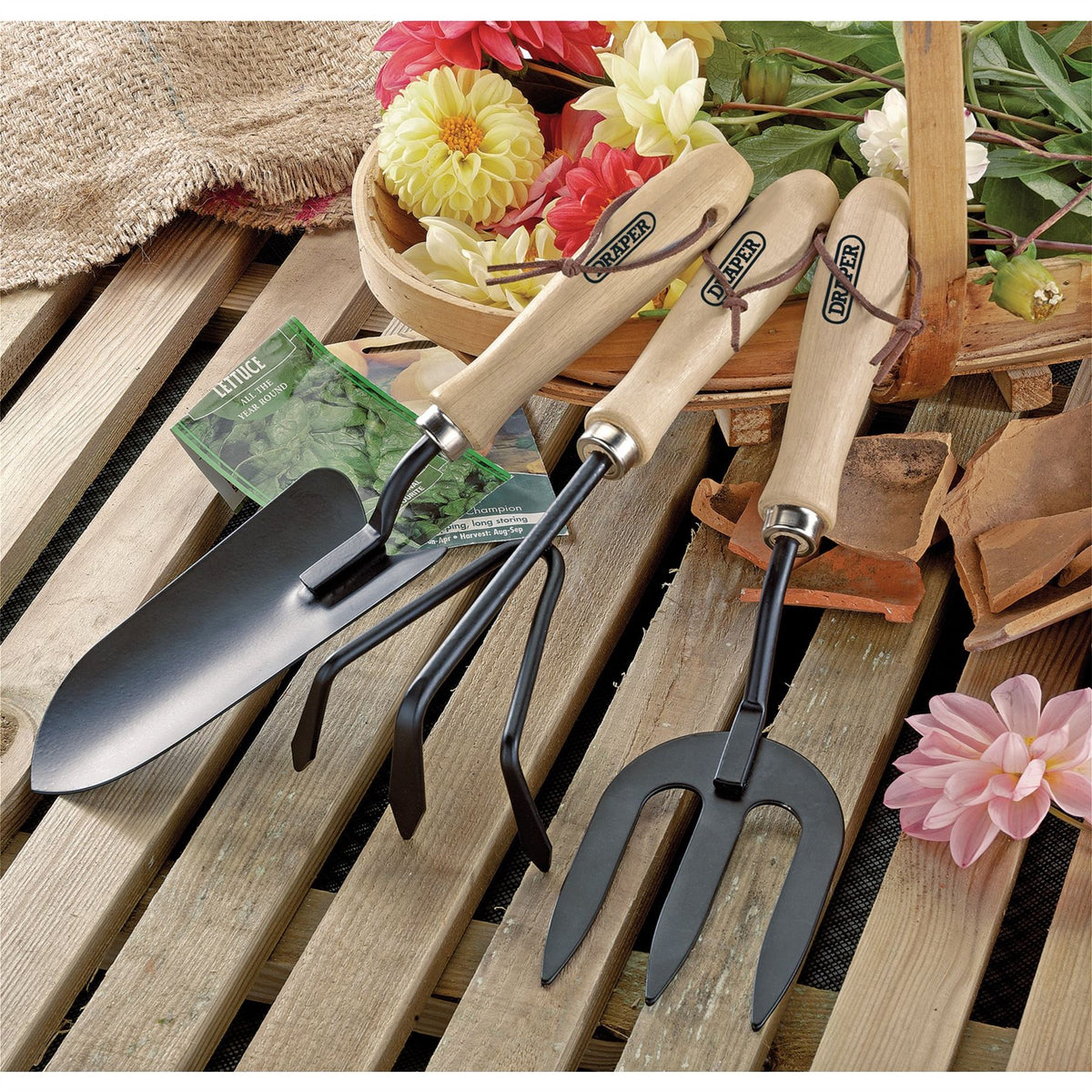 Draper Carbon Steel Hand Fork Cultivator and Trowel with Hardwood Handles 83993 White Rose Tools
