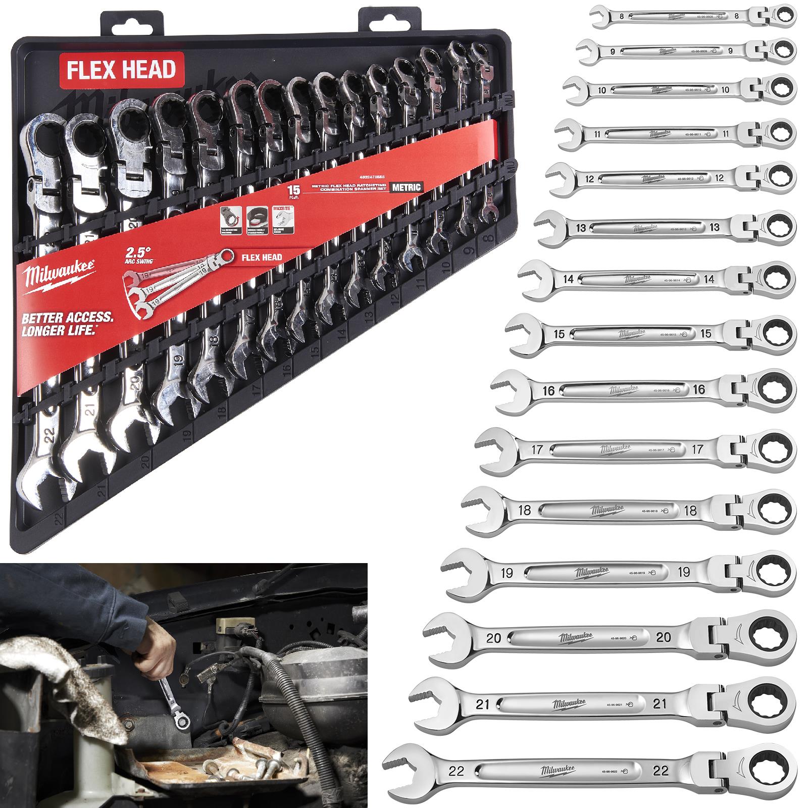 Milwaukee Ratchet Combination Spanner Set Flexi Head MAX BITE 15 Piece 8-22mm