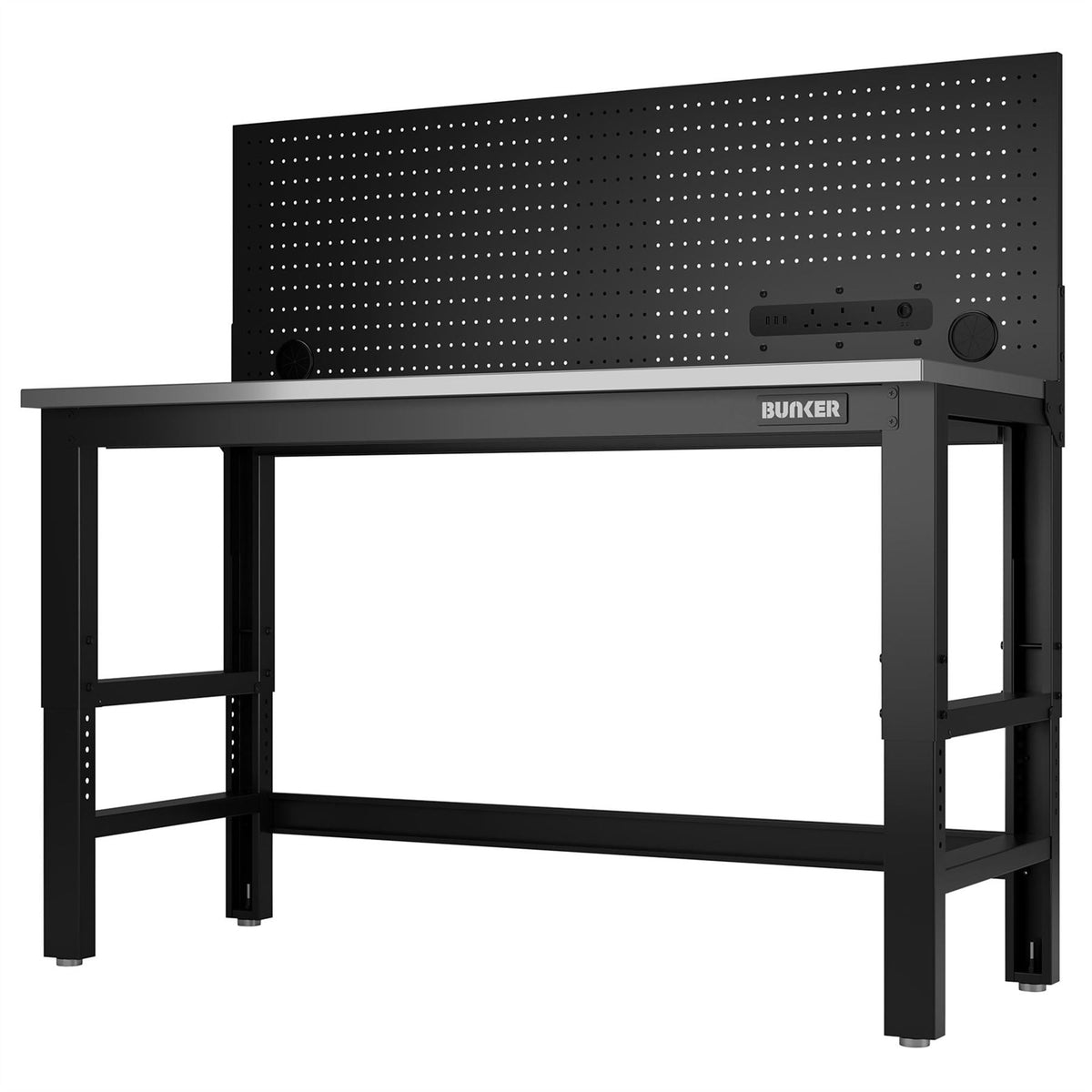 BUNKER Workbench with Stainless Steel Worktop and Power Pegboard 1550mm 27420 White Rose Tools