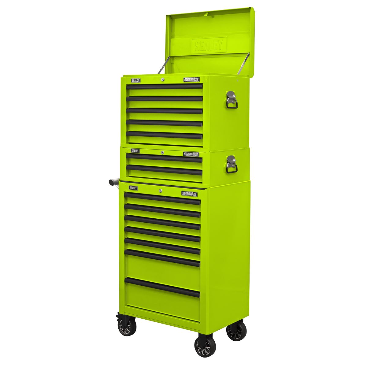 Sealey Superline Pro Topchest, Mid-Box Tool Chest & Rollcab Combination 14 Drawer with Ball-Bearing Slides - Green