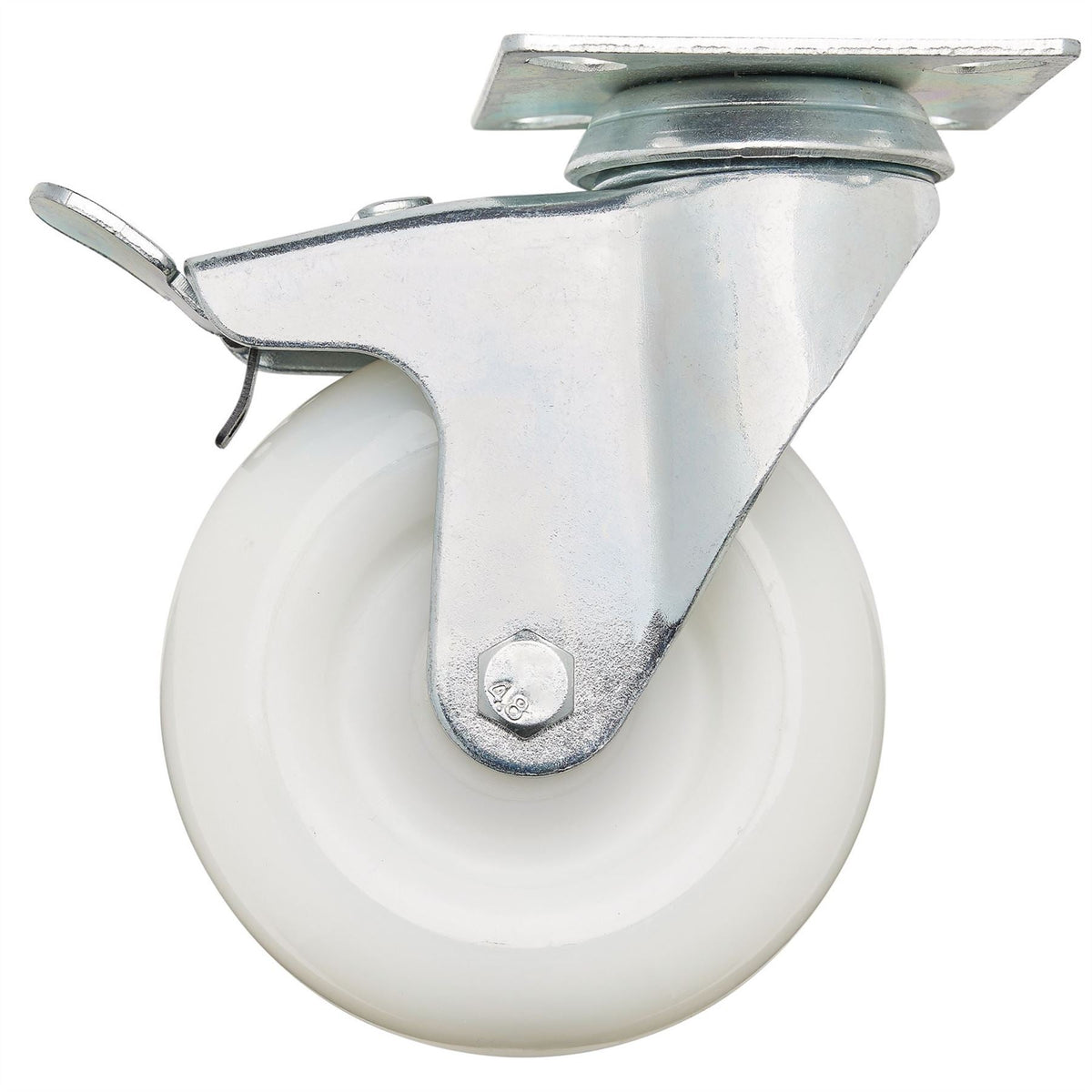 Draper Swivel Plate Fixing Nylon Wheel with Brake 100mm Diameter S.W.L. 125kg 65504 White Rose Tools