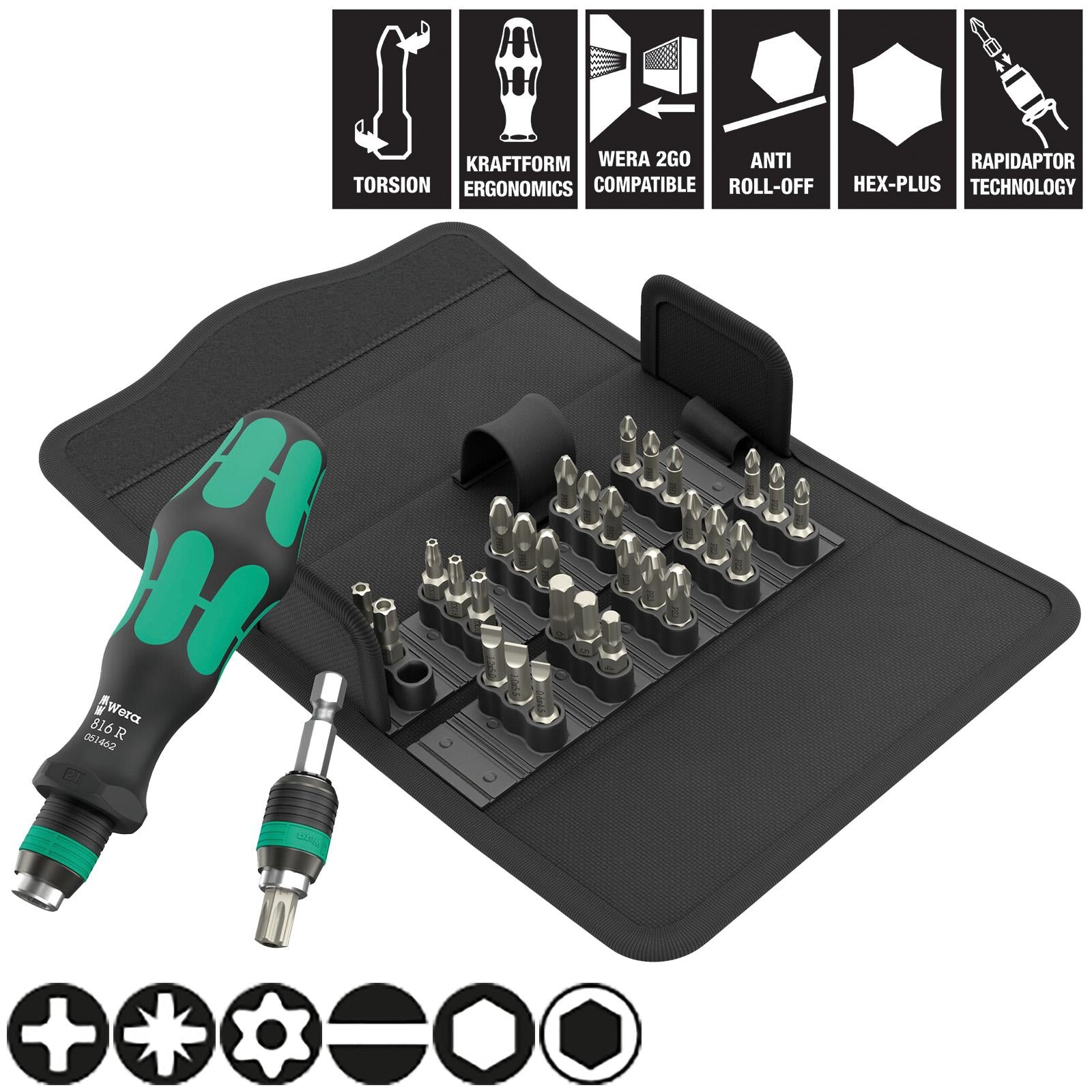 Wera Screwdriver Set 1/4" Hex Kraftform Kompakt KK 70 Universal 32 Pieces PH PZ TX BO SL Hex