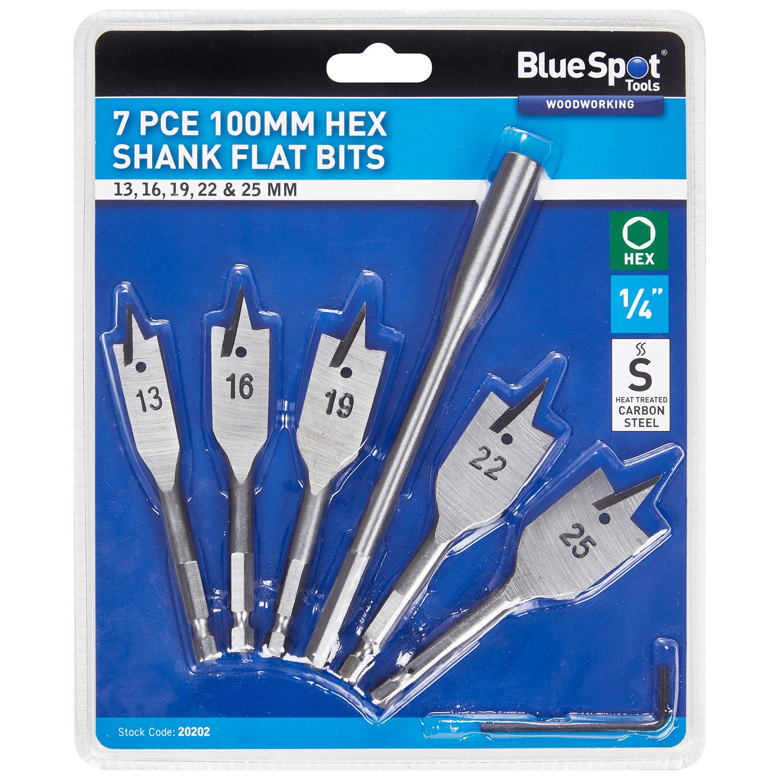 BlueSpot Stubby Flat Wood Drill Bit Set 7 Pieces 13-25mm Hex Shank 100mm Long White Rose Tools