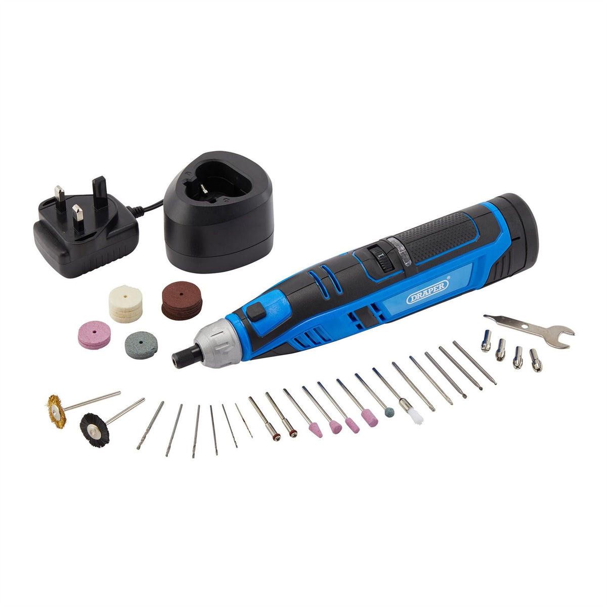Draper 12V Rotary Multi-Tool Kit 1 x 1.5Ah Battery 1 x Fast Charger (50 Piece) 70298 White Rose Tools
