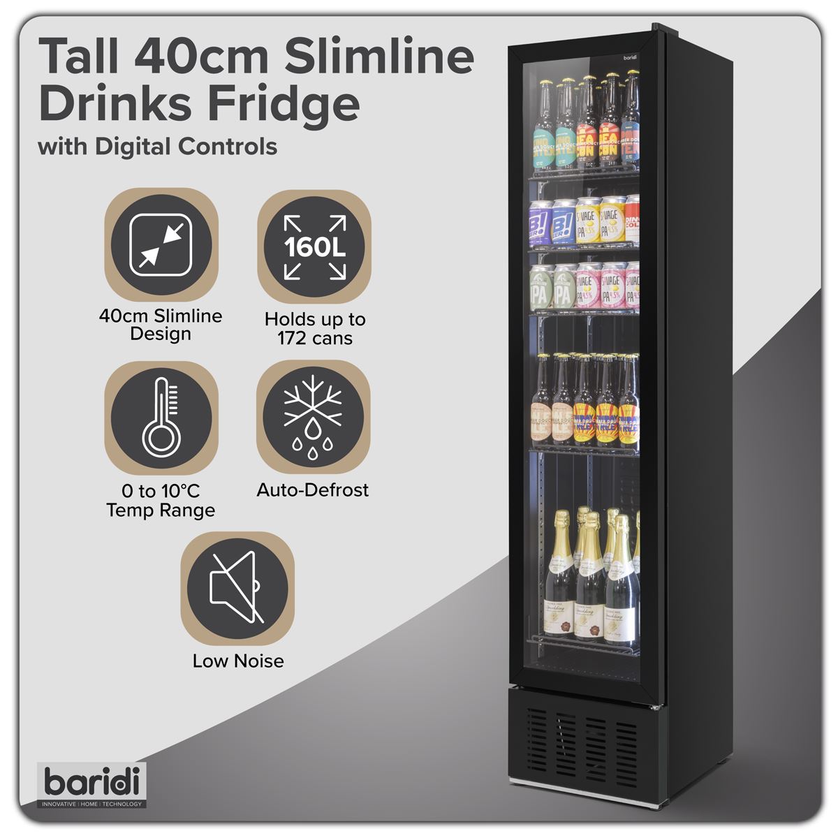 Baridi Tall Drinks/Bar Fridge with Digital Controls & Auto Defrost 160L - Black White Rose Tools