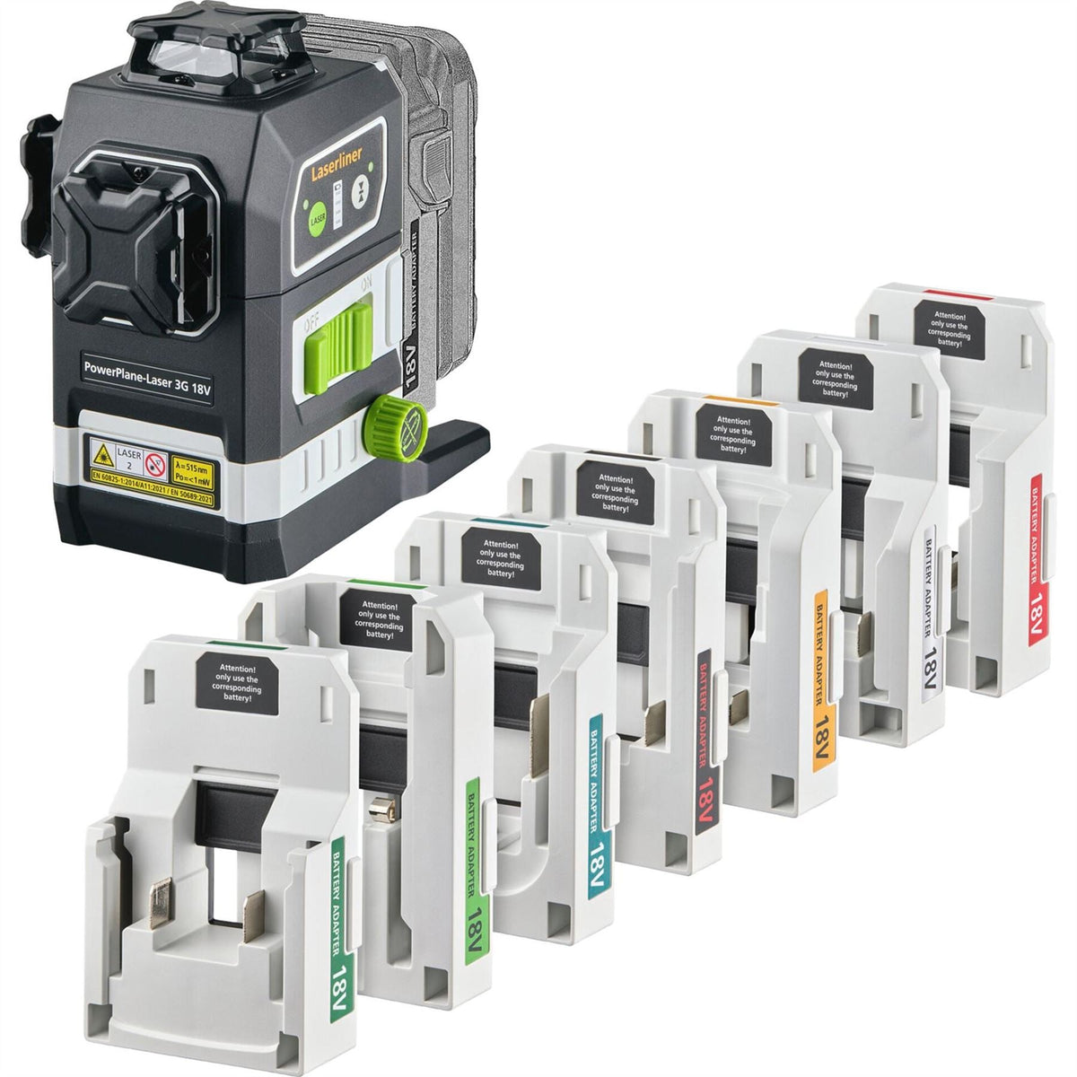 Laserliner 036.380-1 PowerPlane-Laser 3G Multi-18V Three-Dimensional Green Laser Kit with 7 Power Adaptors 32168 White Rose Tools