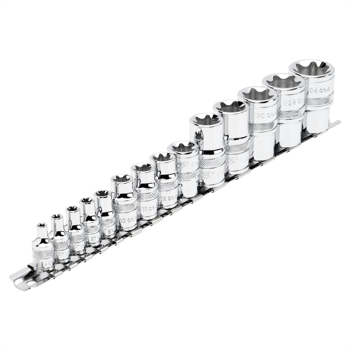 Draper Expert TX-STAR® Socket Set on Rail 1/4" 3/8" & 1/2" Sq. Dr. (14 Piece) 34415 White Rose Tools