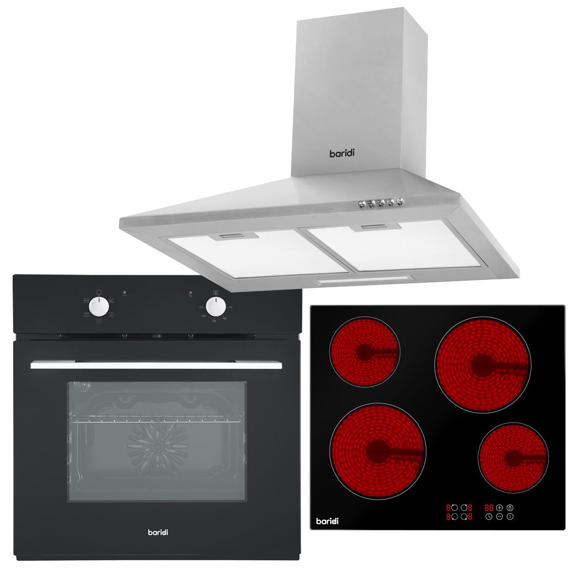 Baridi 4 Zone Ceramic Hob, 5-Function Fan-Assisted Oven & Chimney Style Cooker Hood White Rose Tools