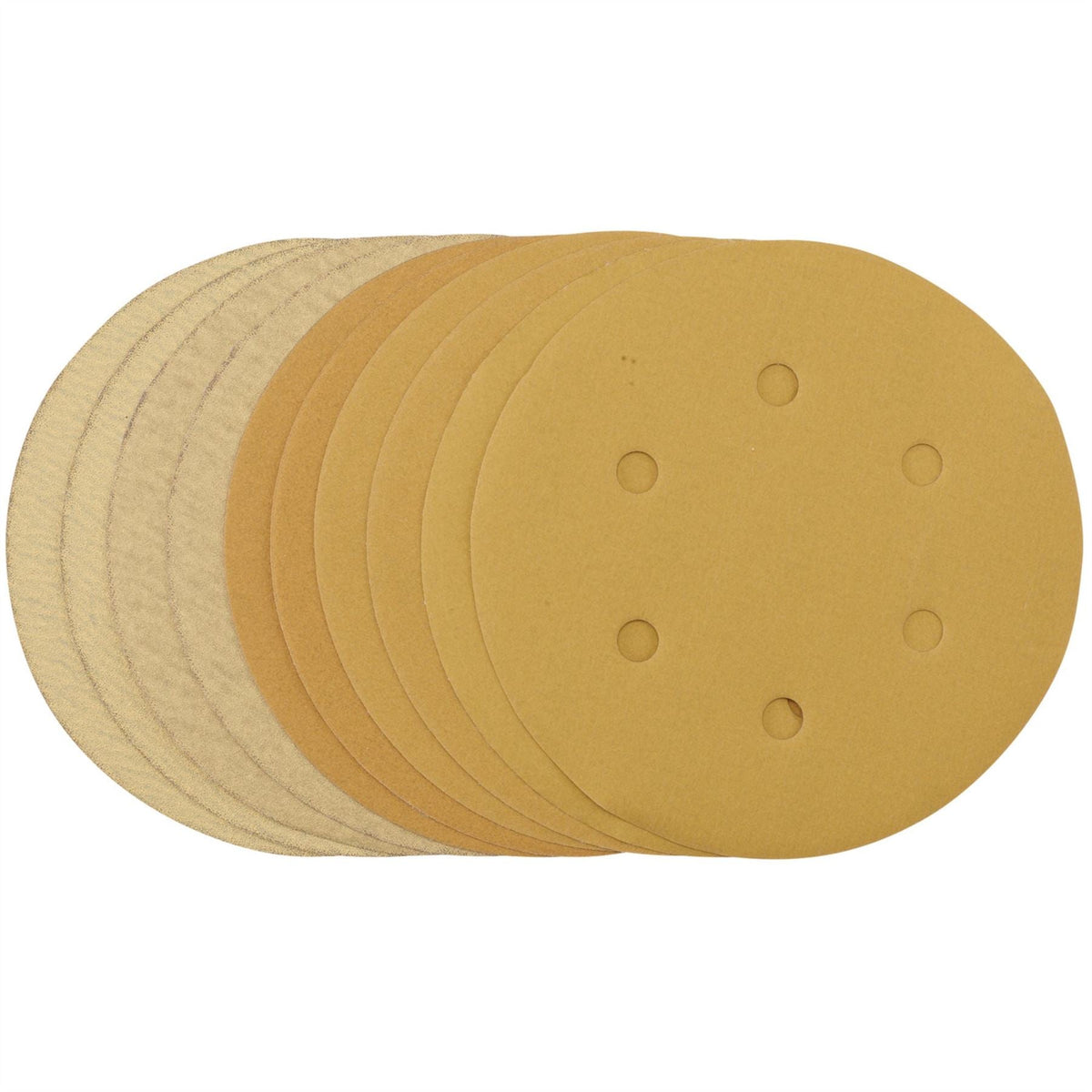 Draper Gold Sanding Discs with Hook & Loop 150mm Assorted Grit - 120G 180G 240G 320G 400G 6 Dust Extraction Holes (Pack of 10) 64284 White Rose Tools