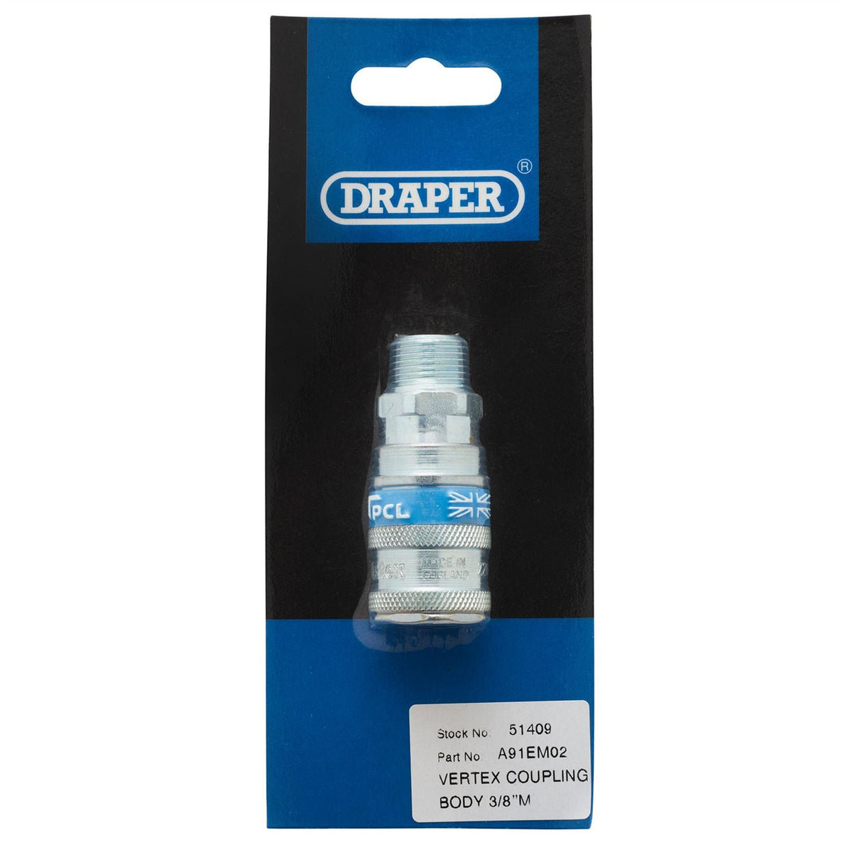 Draper 3/8" BSP Taper Male Thread Vertex Air Coupling 51409 White Rose Tools