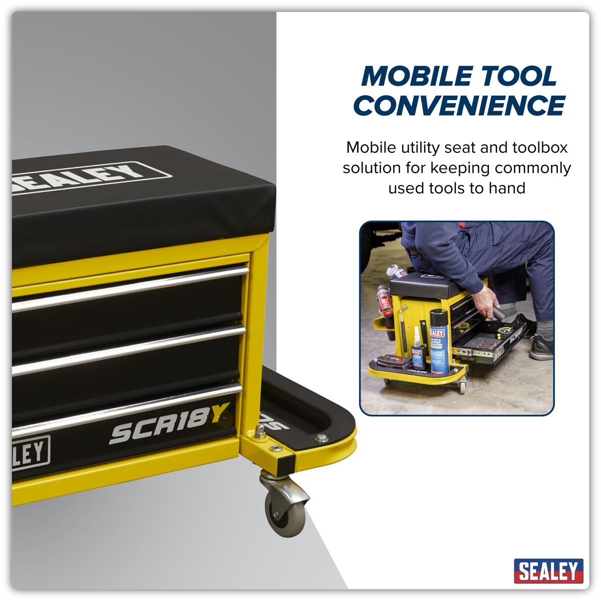 Sealey Mechanic's Utility Seat & Toolbox - Yellow - White Rose Tools