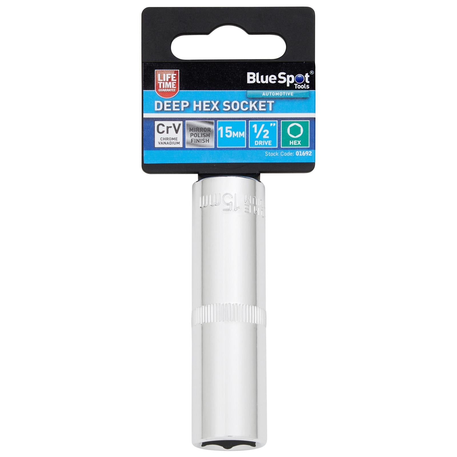 BlueSpot Deep Socket 1/2" Drive 6 Point Hex Chrome Individual 8-32mm - Choose Size White Rose Tools