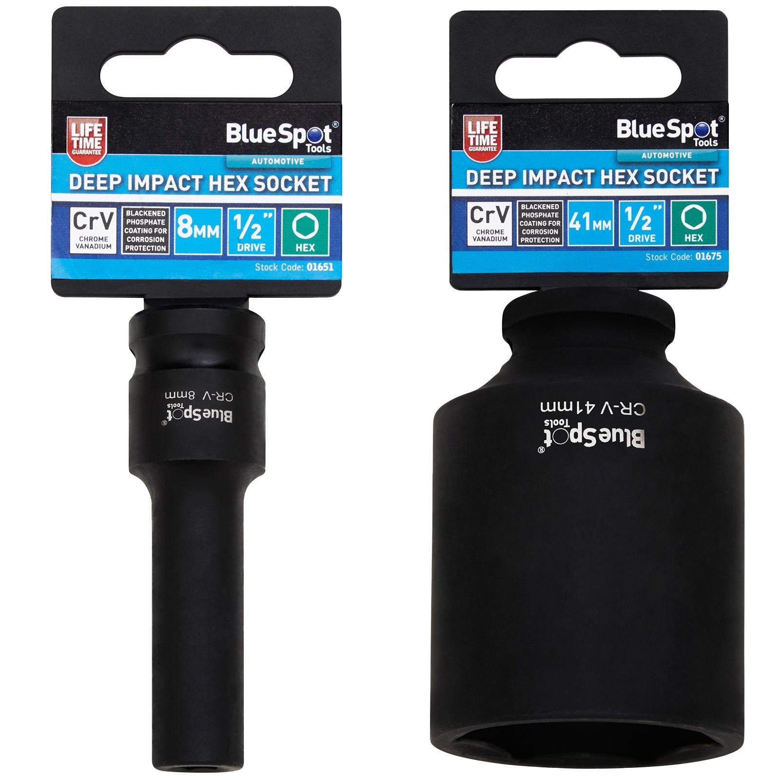 BlueSpot Deep Impact Socket 1/2" Drive 6 Point Hex Individual 8-41mm - Choose Size White Rose Tools