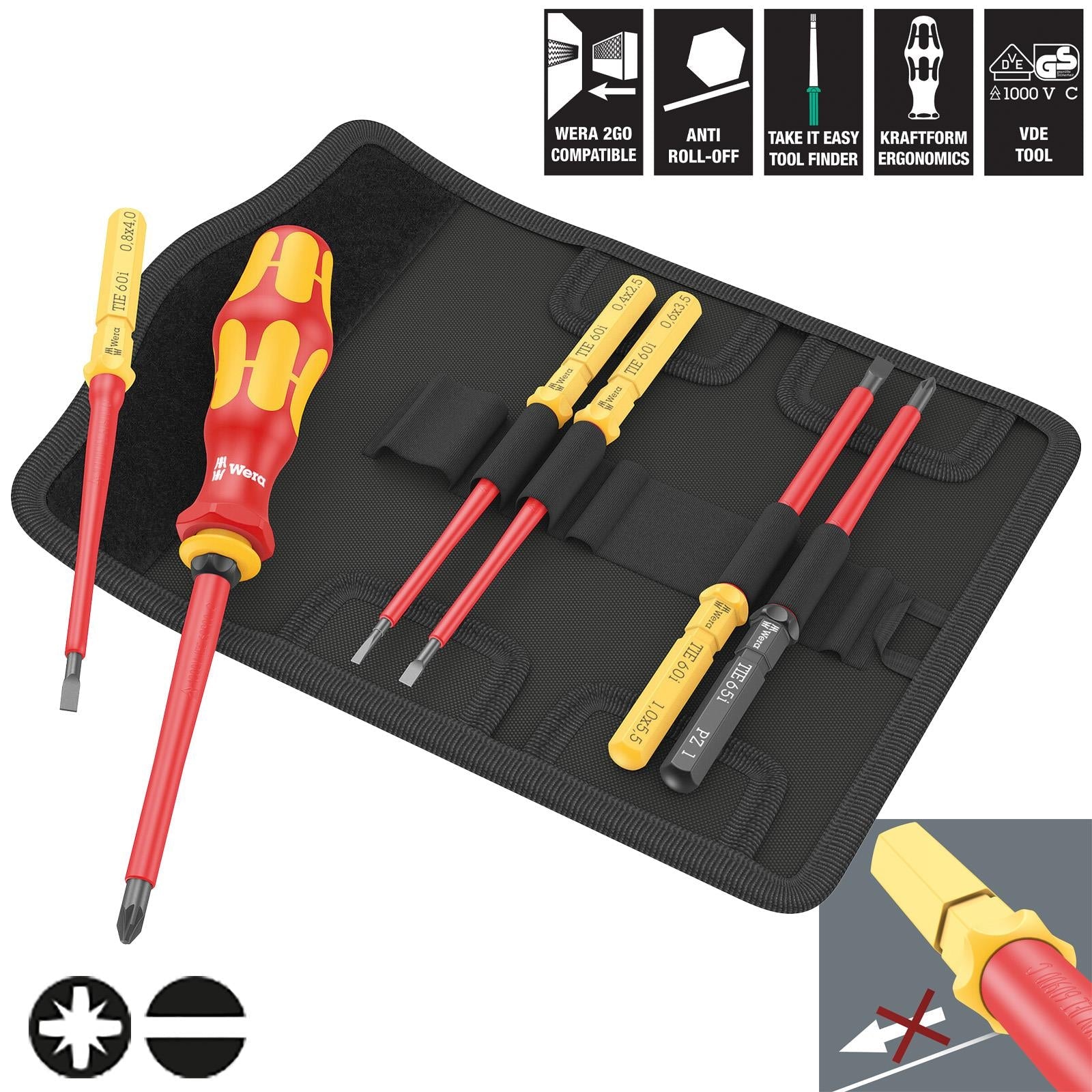 Wera Interchangeable VDE Screwdriver Set Kraftform Kompakt VDE 7 Universal 2 Tool Finder 7 Pieces Pozi Slotted White Rose Tools