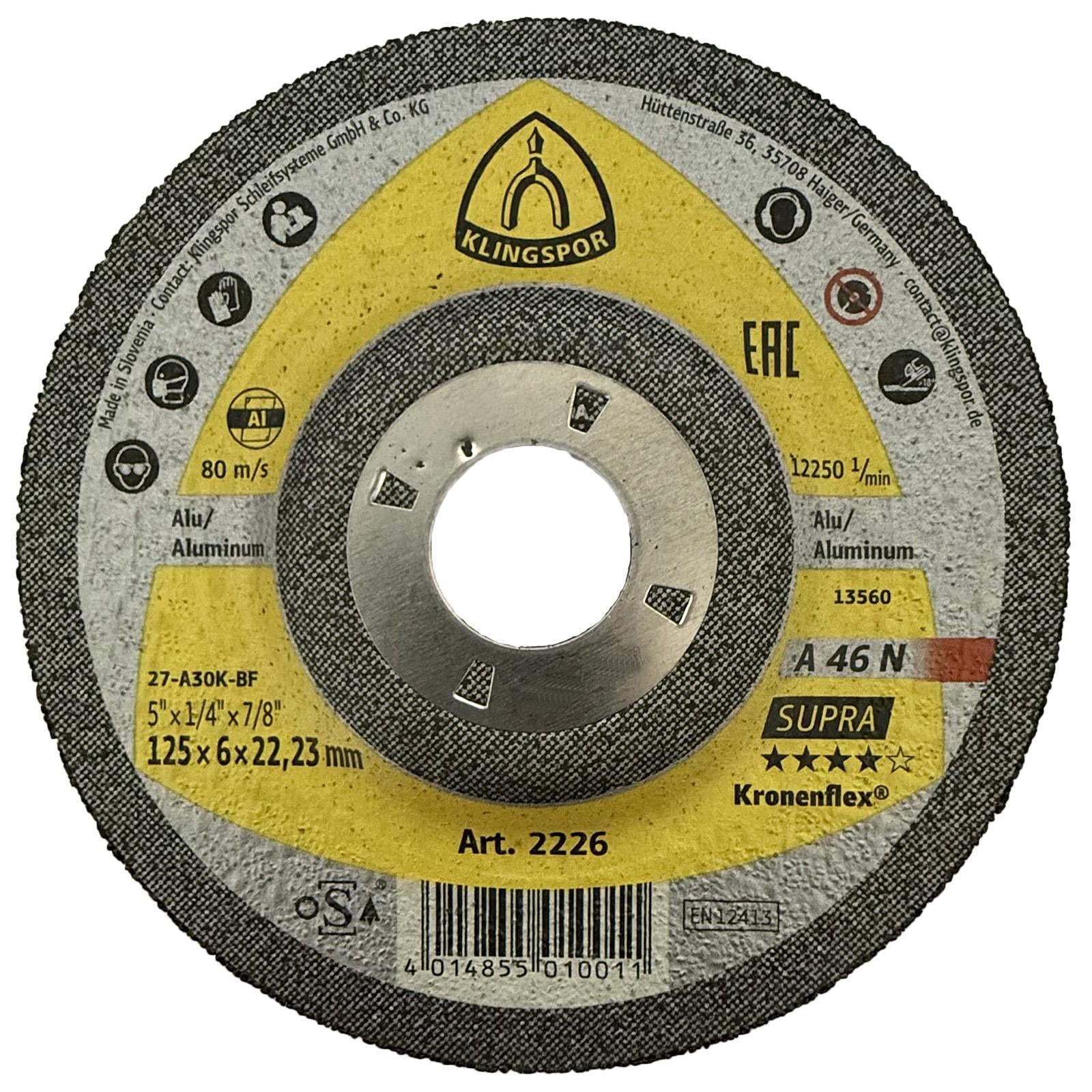 Klingspor Grinding Discs for Aluminium Kronenflex A46N Supra 125 x 6 x 22,23mm Depressed Centre
