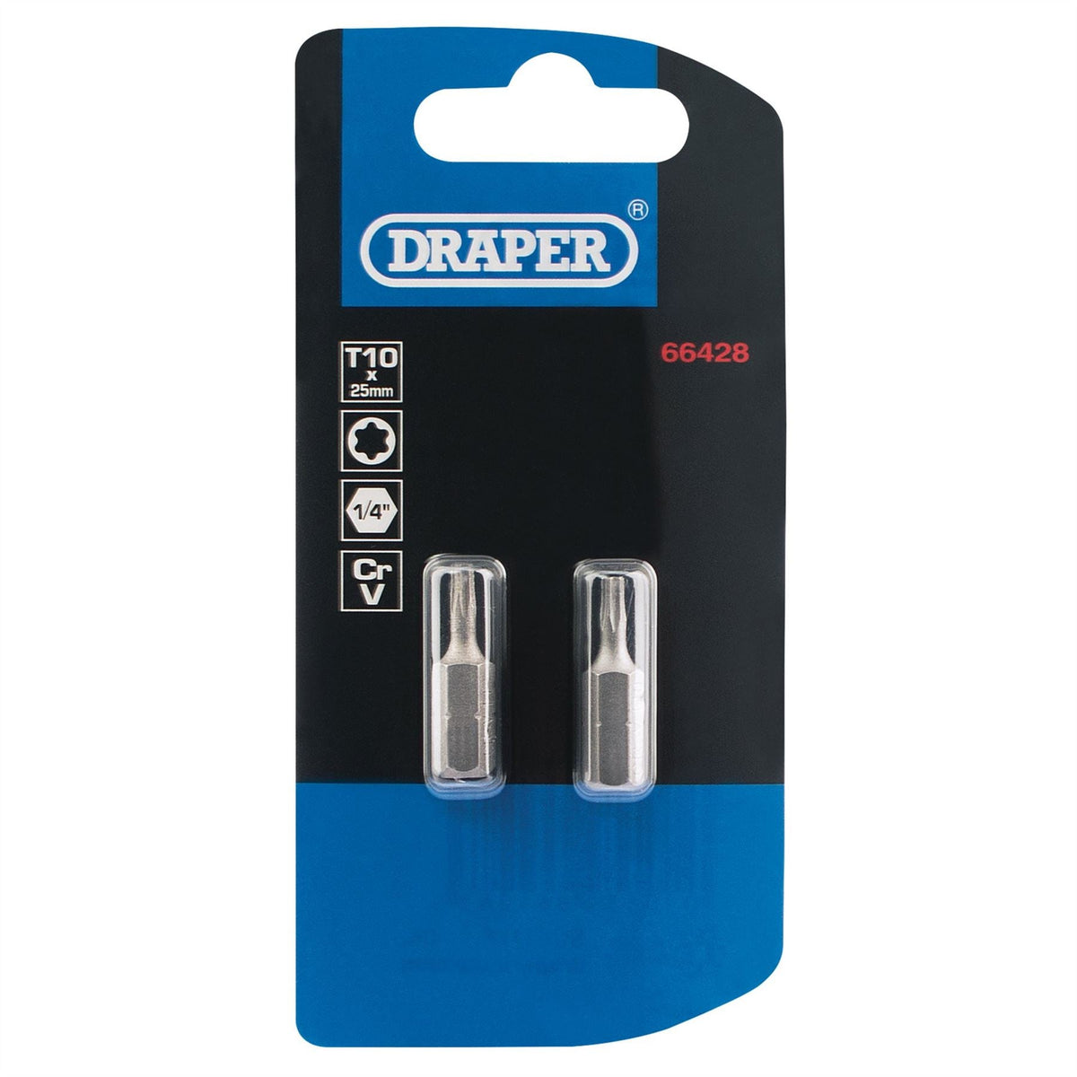 Draper TX-STAR® Insert Bit 1/4" Hex 25mm Long T10 (Pack of 2) 66428 White Rose Tools