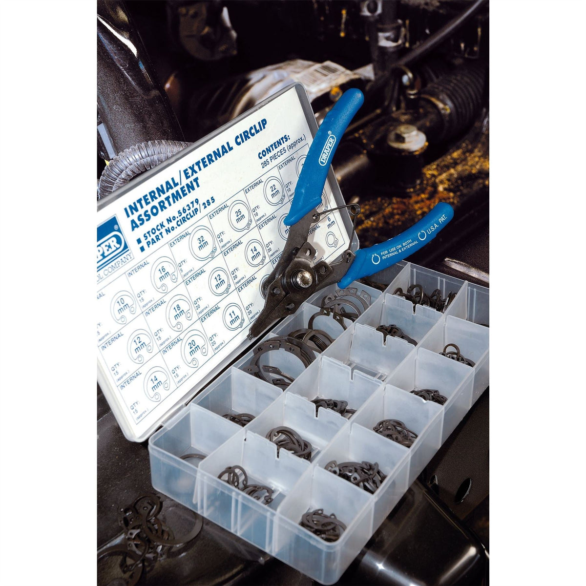 Draper Internal and External Circlip Assortment (285 Piece) 56379 White Rose Tools
