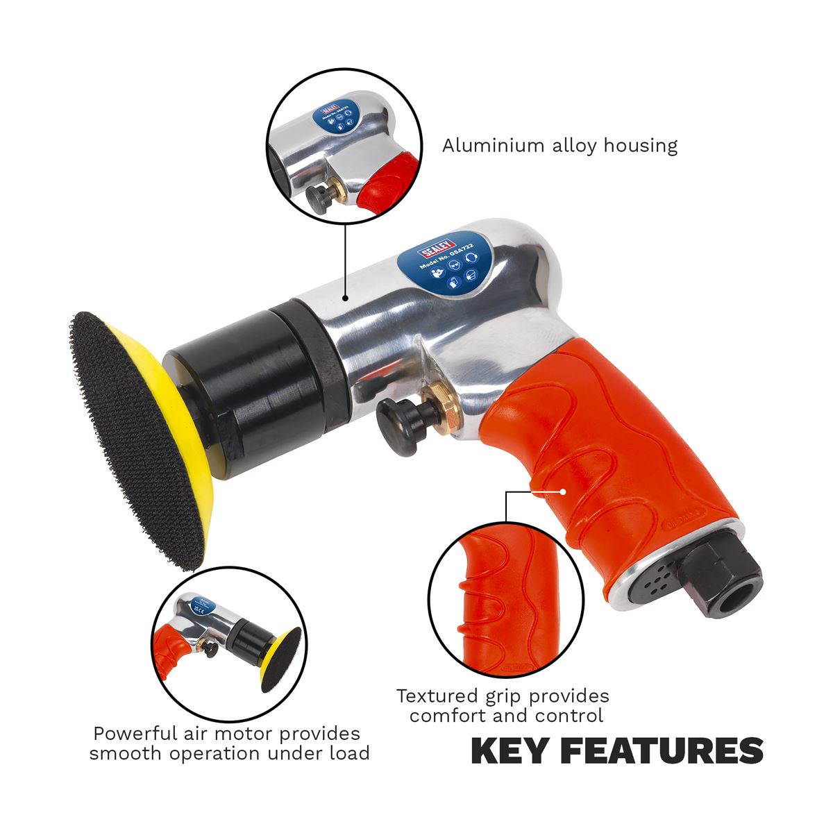 Sealey 75mm Mini Air Polisher 1/4" BSP Hook & Loop Buffing Polishing