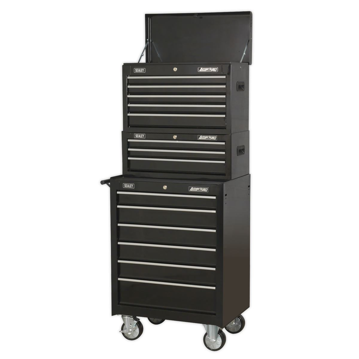 Sealey American Pro Topchest, Mid-Box Tool Chest & Rollcab 14 Drawer Stack - Black