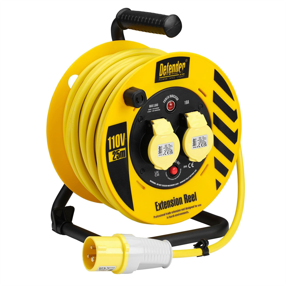 Defender E86455 110V 2-Way Heavy Duty Industrial Cable Reel 25m 35821 White Rose Tools