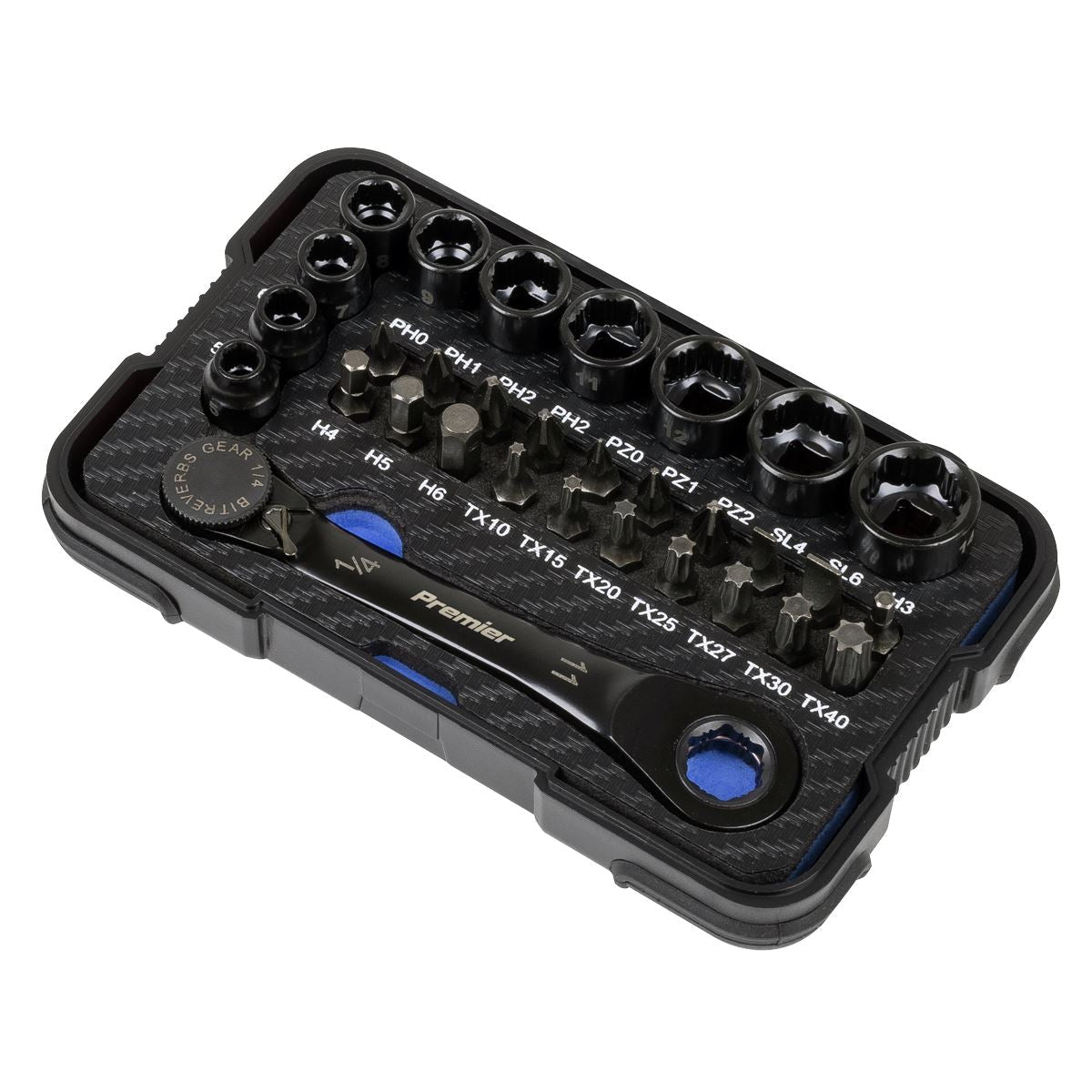 Sealey Premier Black Premier Black Go-Through Lock-On™ Low Profile Socket & Bit Set 1/4"Sq Drive 31pc White Rose Tools