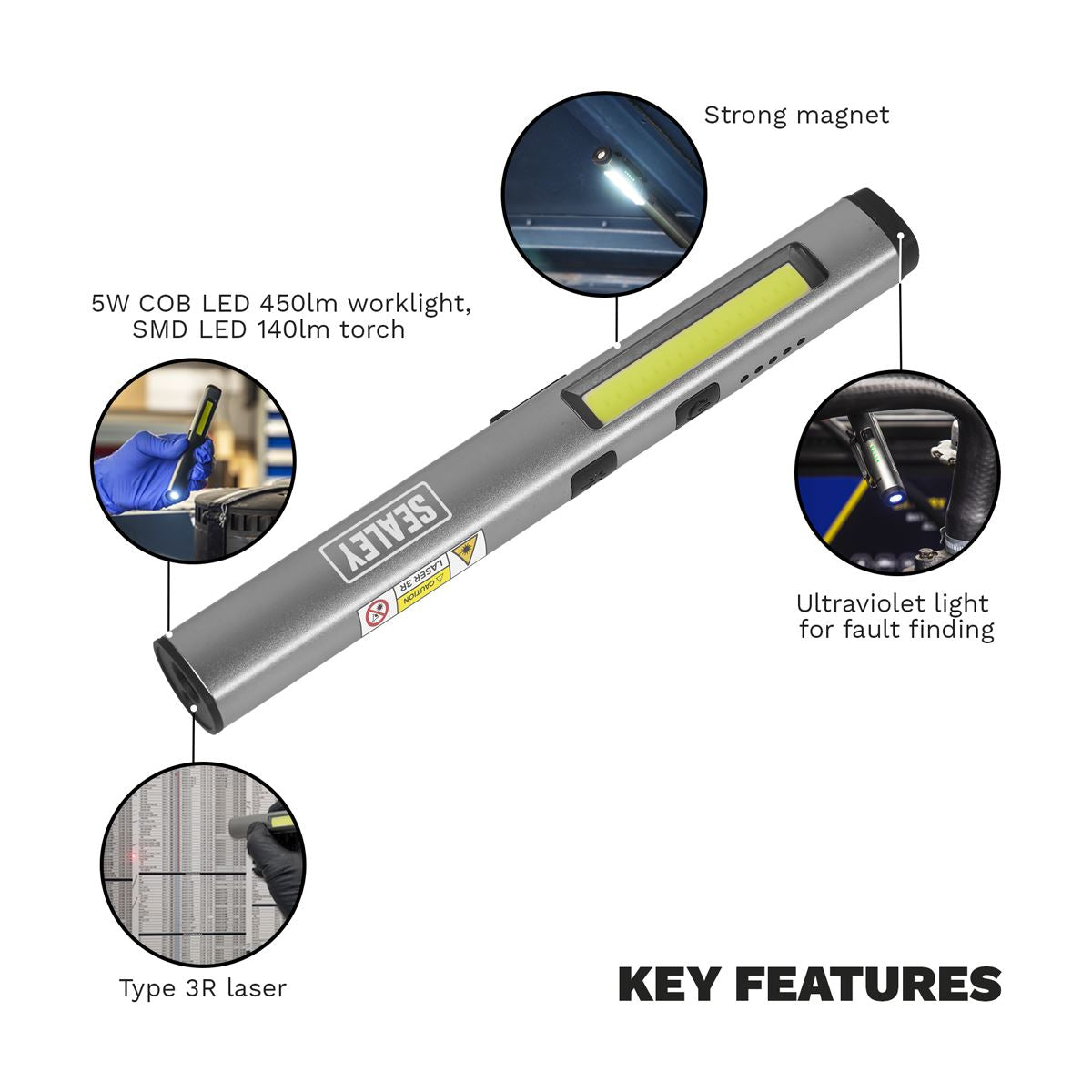 Sealey Penlight Torch with UV 5W COB & 3W SMD LED with Laser Pointer Rechargeable