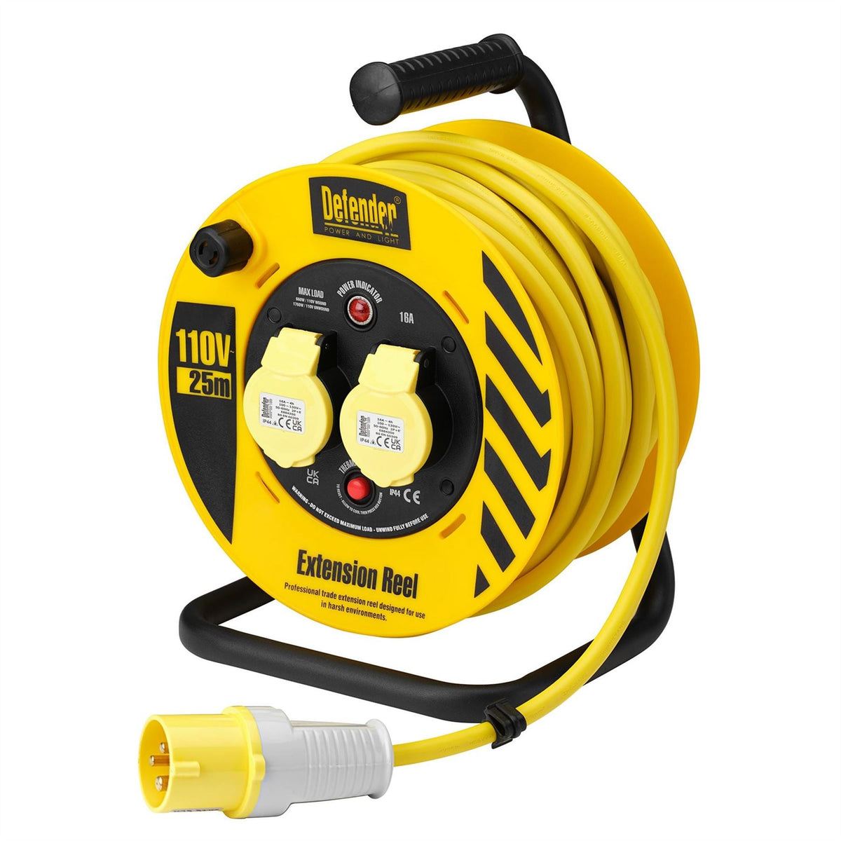 Defender E86455 110V 2-Way Heavy Duty Industrial Cable Reel 25m 35821 White Rose Tools