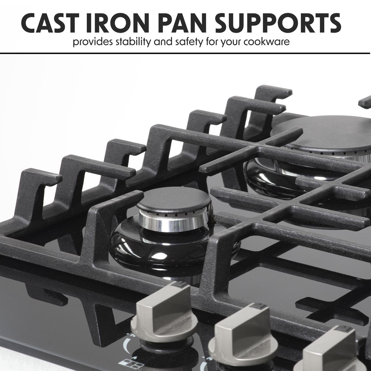 Baridi 70cm Gas on Glass Hob, 5 Burner and Cast Iron Pan Supports, Black Glass White Rose Tools