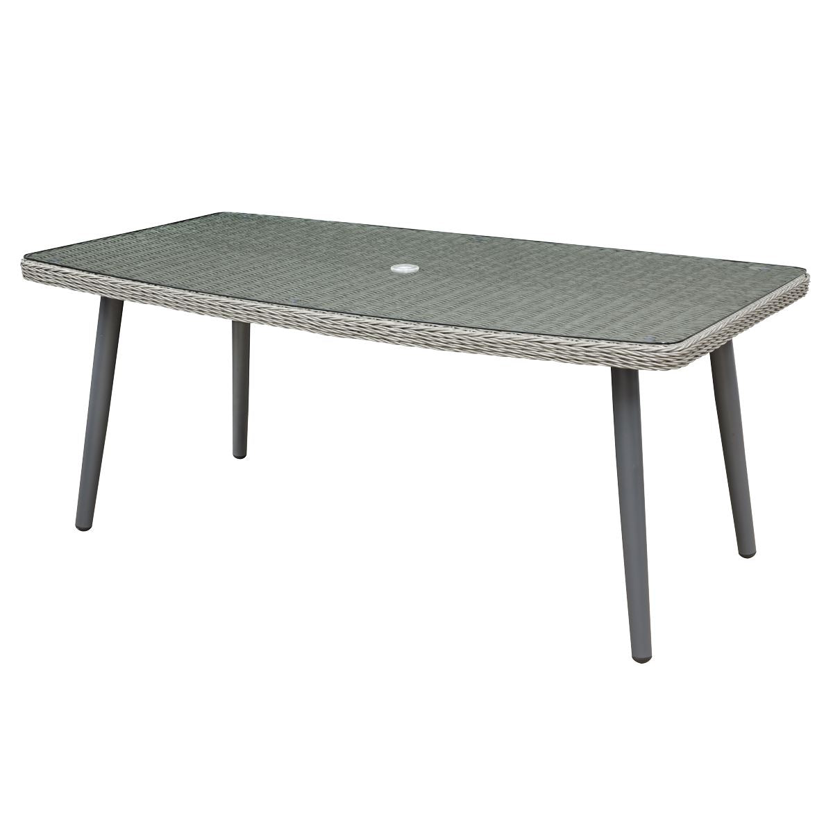Dellonda Buxton Rattan Wicker Outdoor Dining Table with Clear Tempered Glass Top, Grey