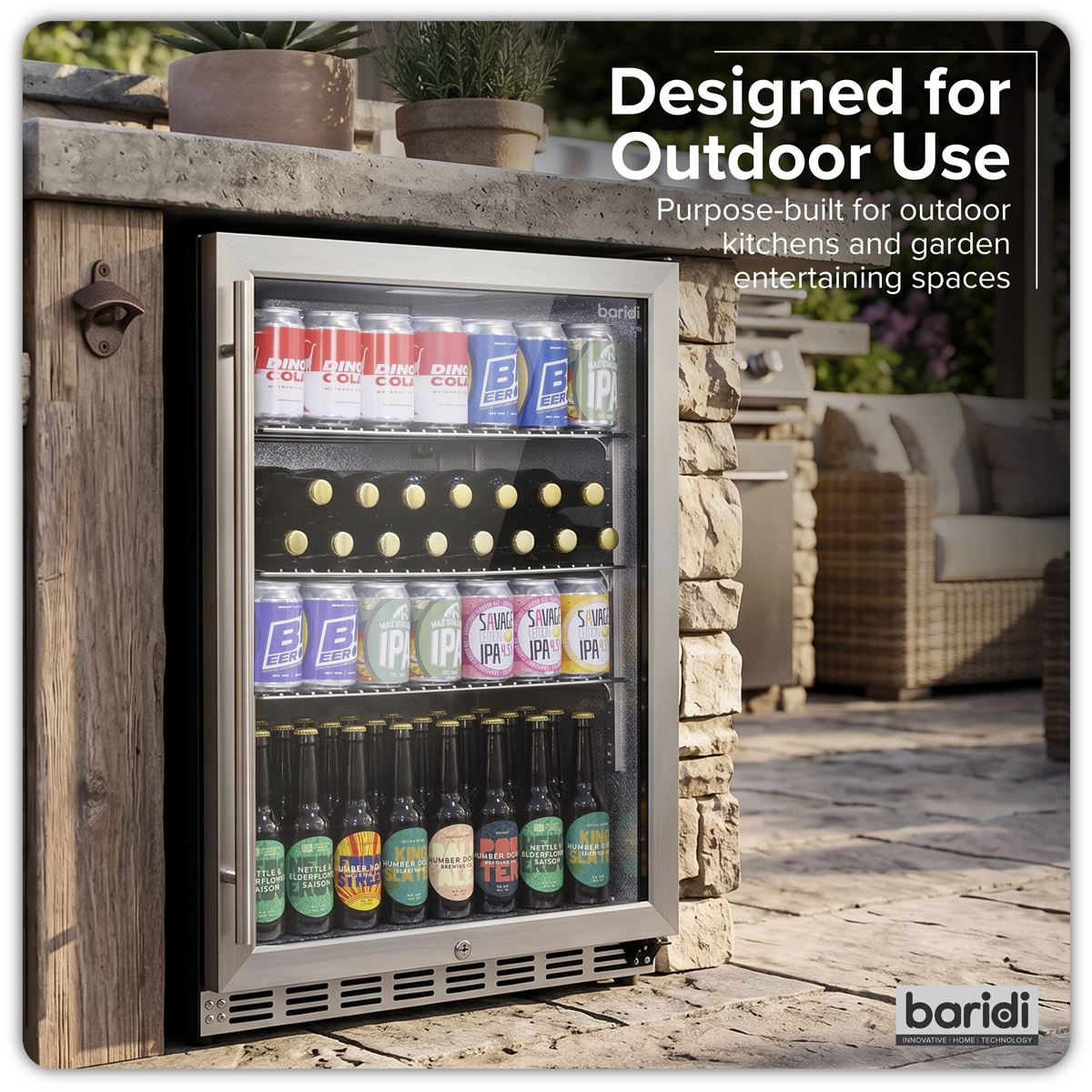 Baridi Outdoor Drinks/Beverage/Bar Fridge with Triple Glazed Door & Security Lock 150L - Stainless Steel White Rose Tools