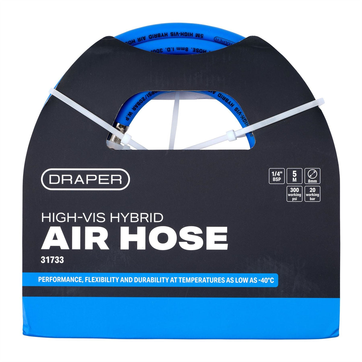 Draper High Visibility Hybrid Air Hose 5m x 8mm 1/4" BSP Blue 31733 White Rose Tools