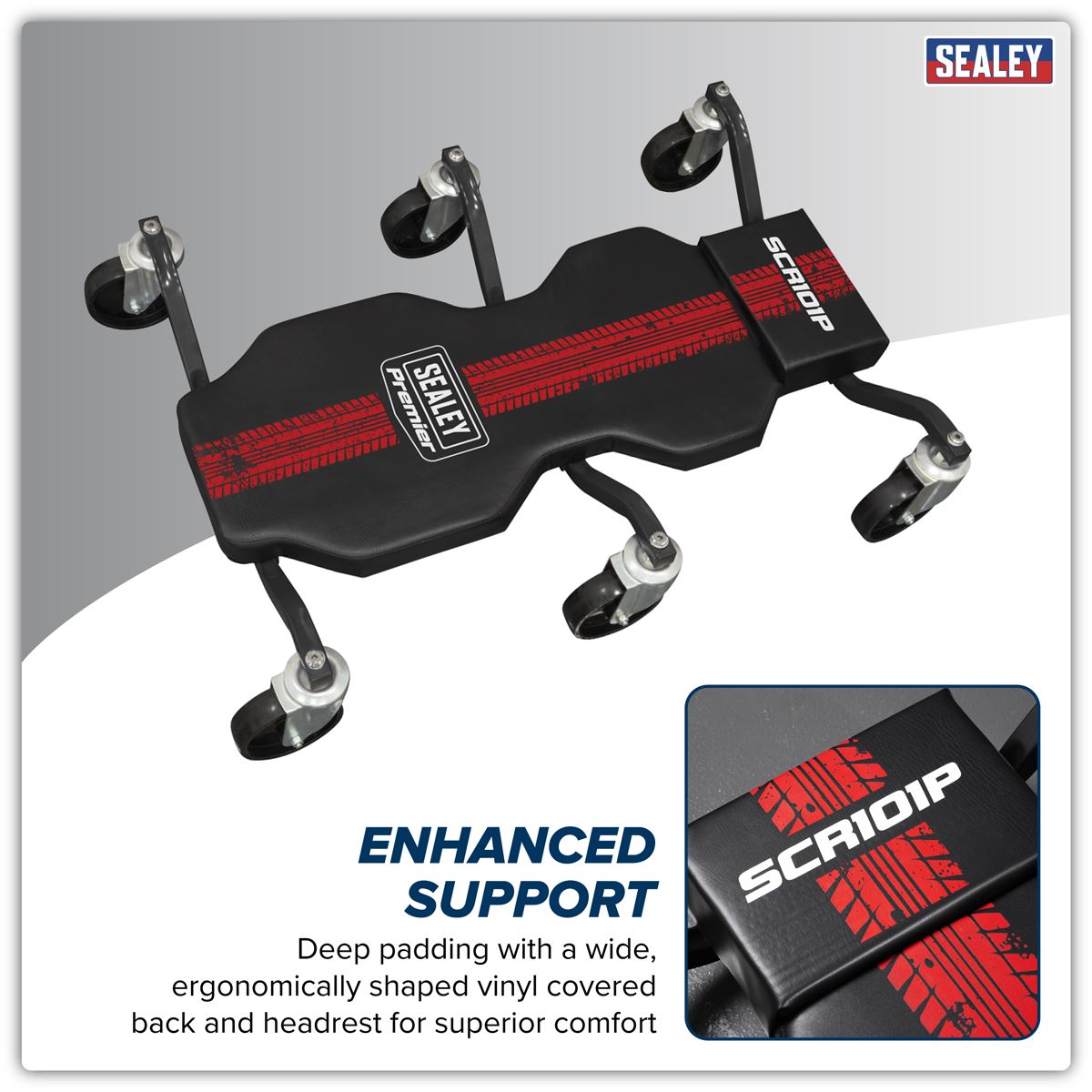 Sealey Steel Creeper with 6 Rough Ground 5" Wheels & Headrest
