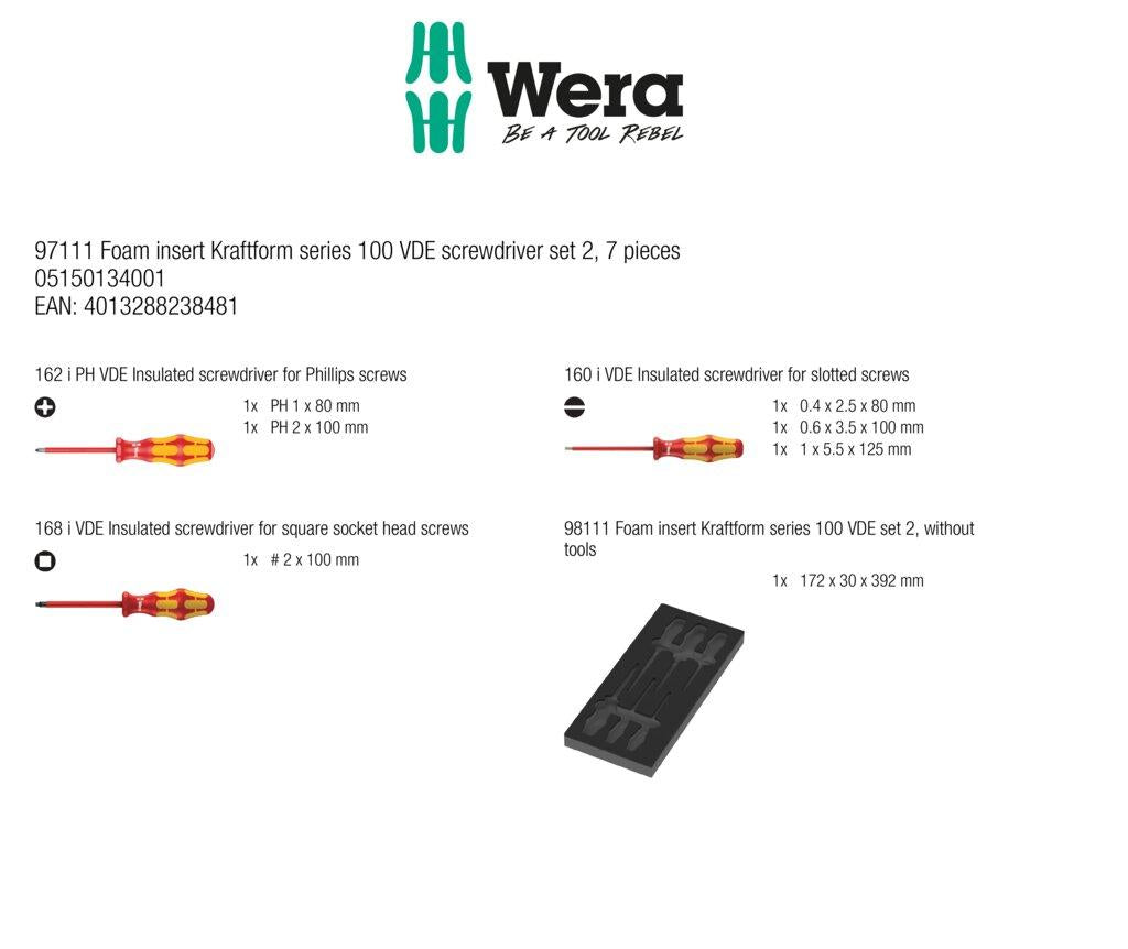 Wera 97111 Foam Insert Kraftform Series 100 VDE Screwdriver Set 2, 7 PiecesĀ White Rose Tools