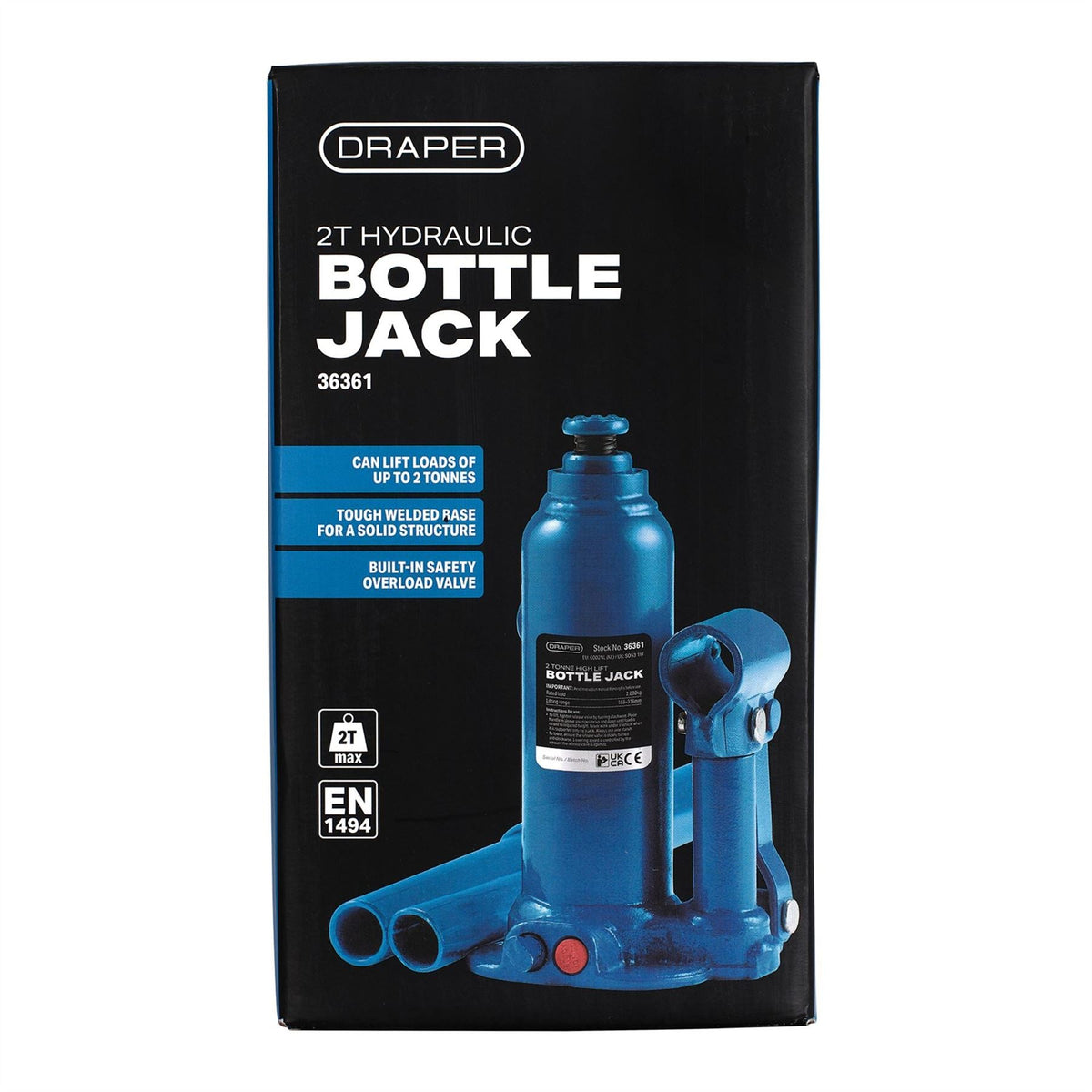 Draper Hydraulic Bottle Jack 2 Tonne 36361 White Rose Tools