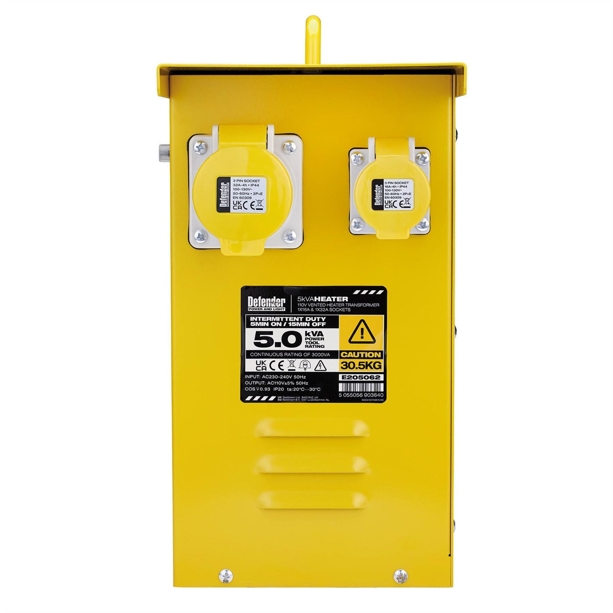Defender E205062 110V 5kVA Metal Heater Transformer 16A / 32A 34929 White Rose Tools