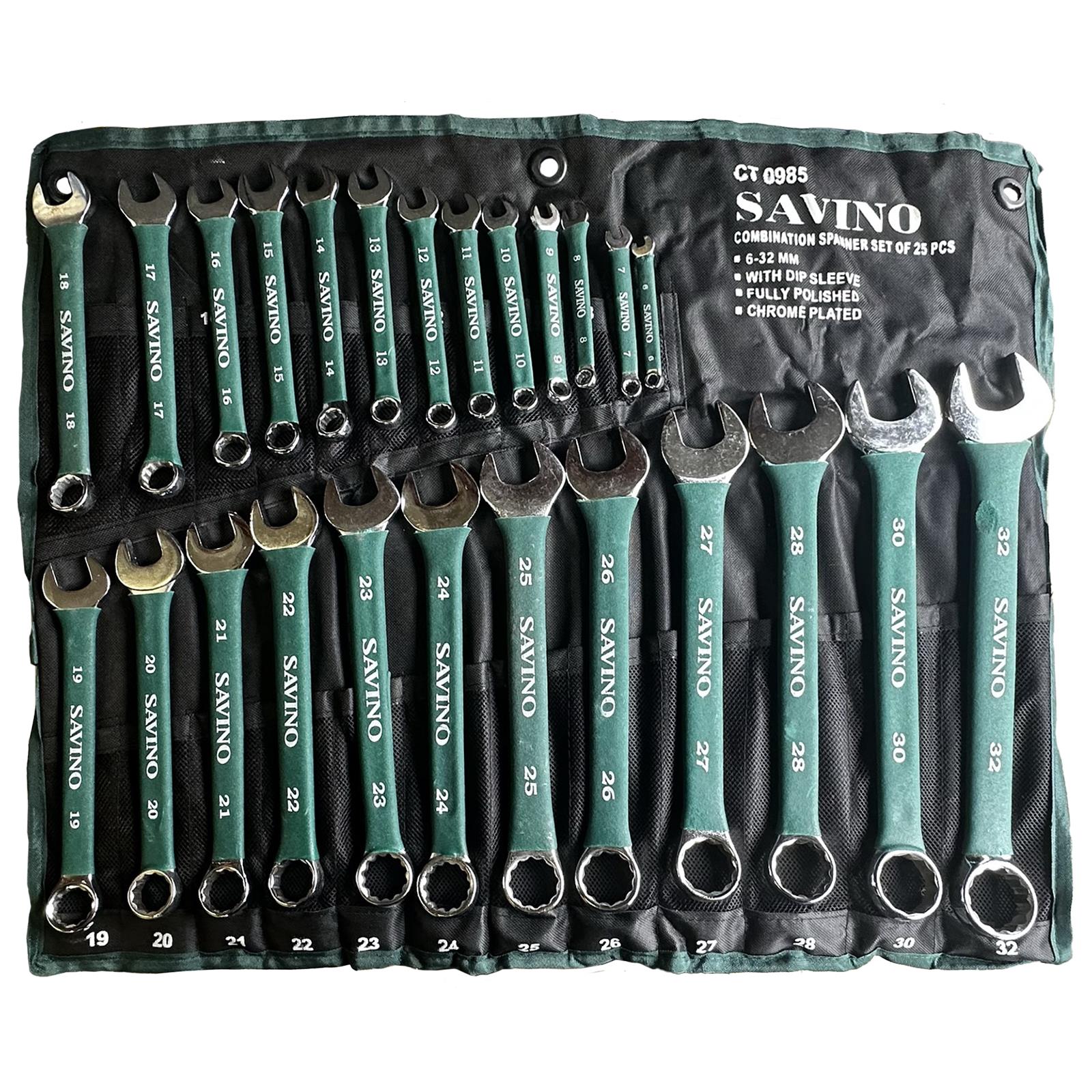 Savino Combination Spanner Set 6-32mm in Tool Roll 25 Piece Green Soft Grip Handle White Rose Tools