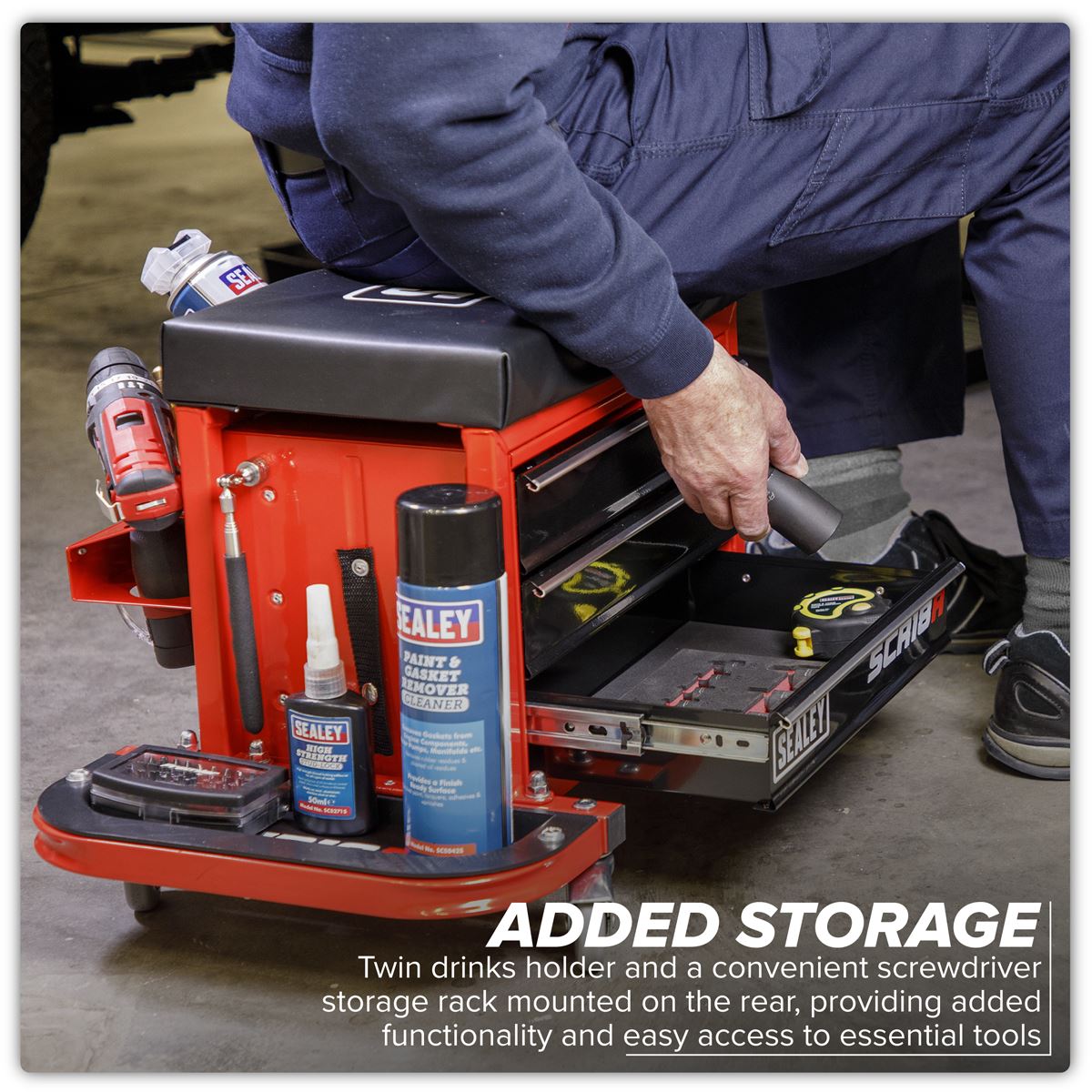 Sealey Mechanic's Utility Seat & Toolbox - Red - White Rose Tools