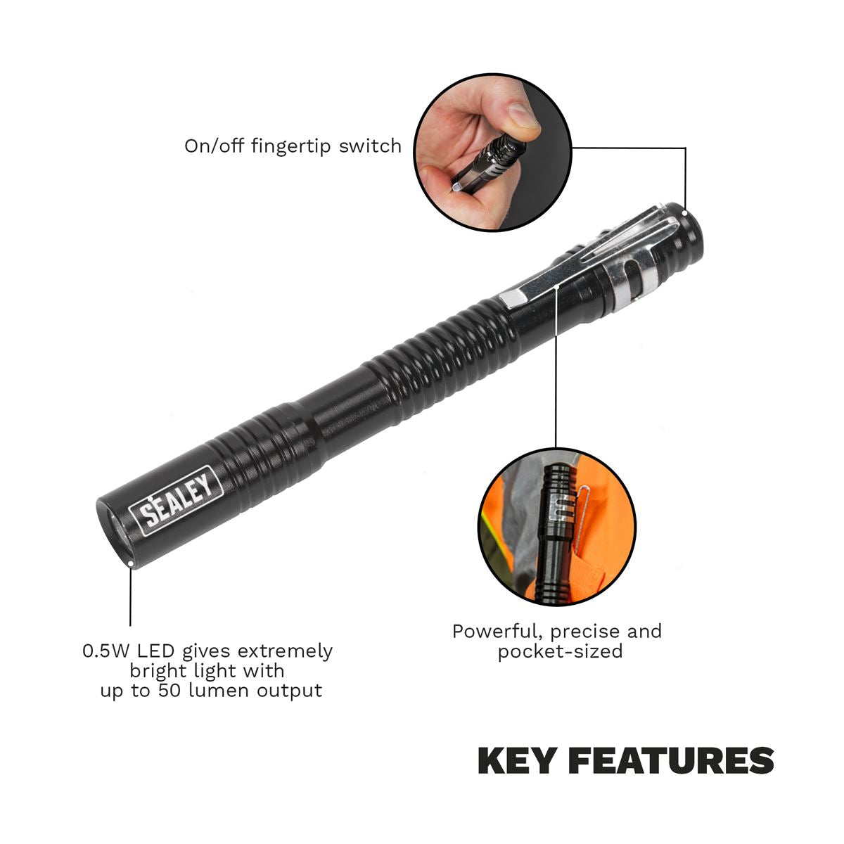 Sealey 0.5w LED Aluminium Pen Light Powerful Pocket-Sized Bright 50 Lumens