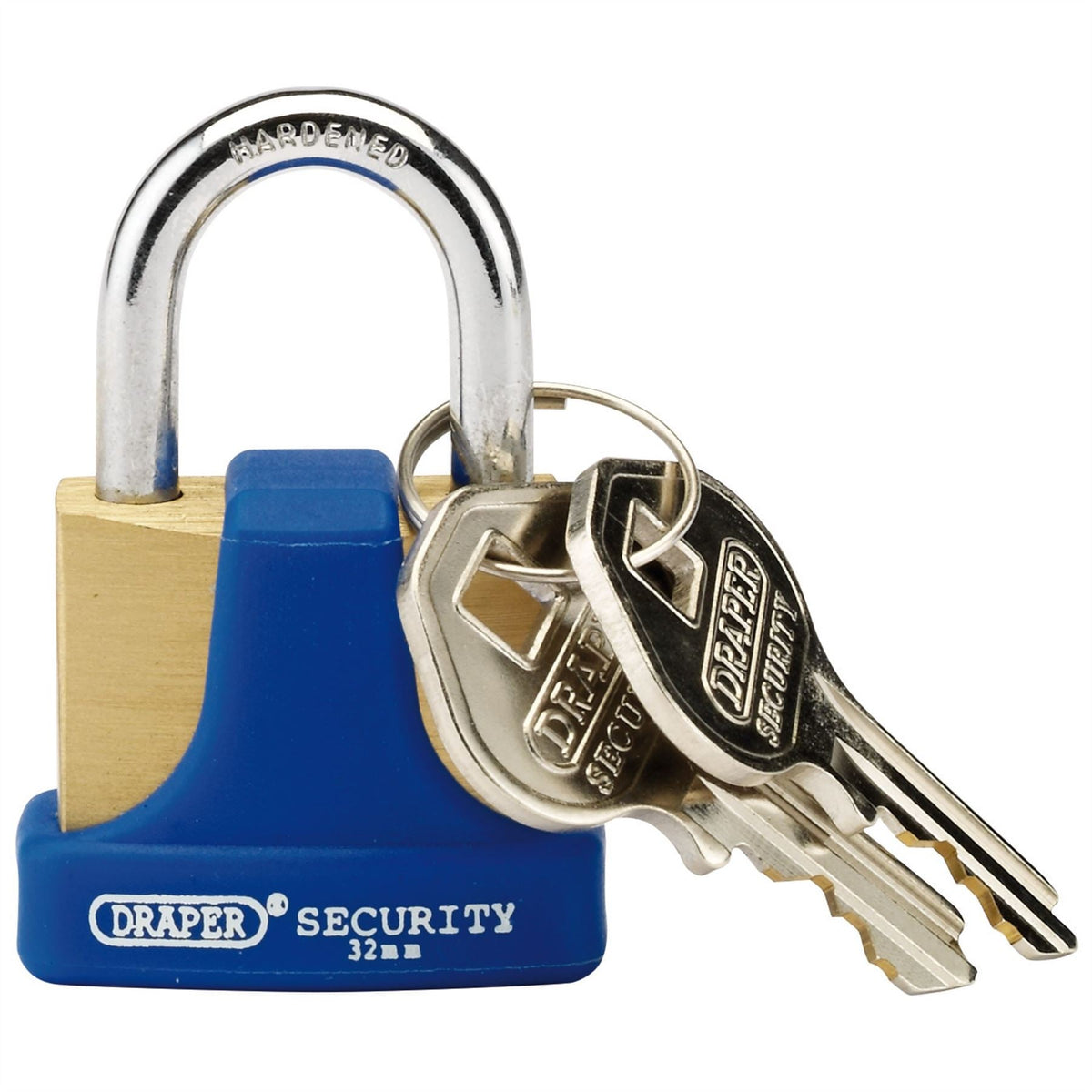 Draper Solid Brass Padlock and 2 Keys with Hardened Steel Shackle and Bumper 32mm 64164 White Rose Tools