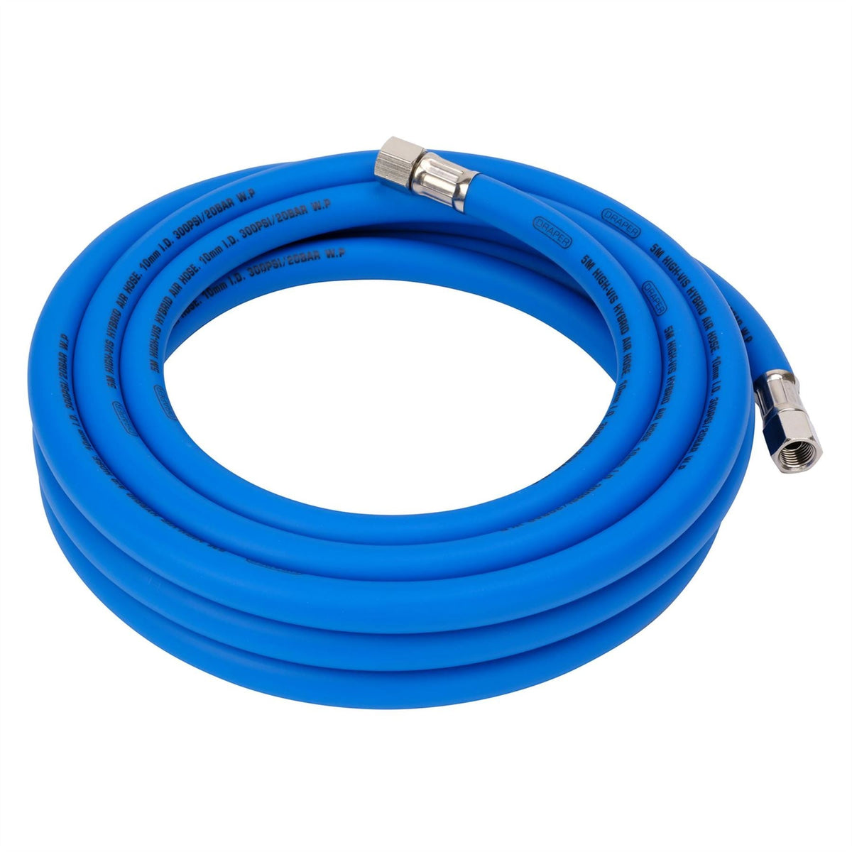 Draper High Visibility Hybrid Air Hose 5m x 10mm 1/4" BSP Blue 31727 White Rose Tools
