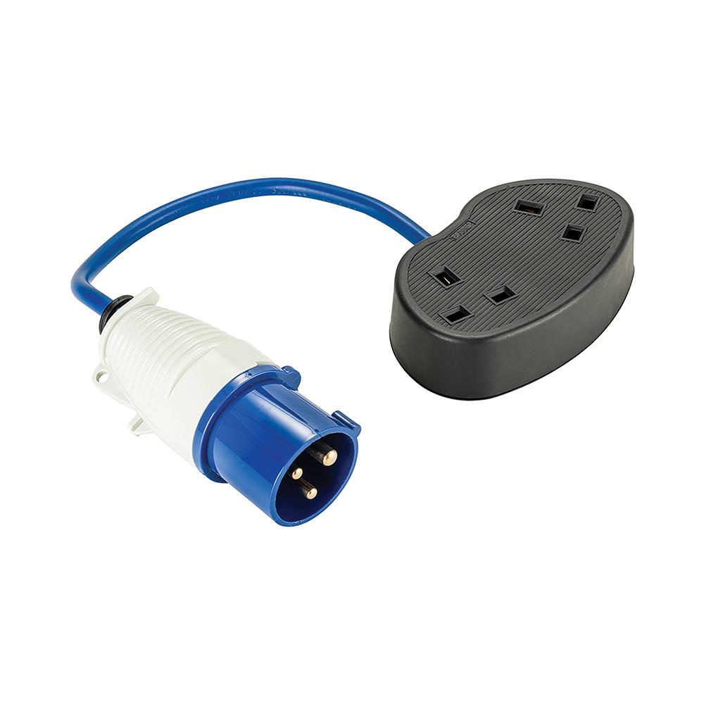 Defender 230V Fly Lead Converter 16A Plug to 2 Gang 13A Socket Caravan Generator
